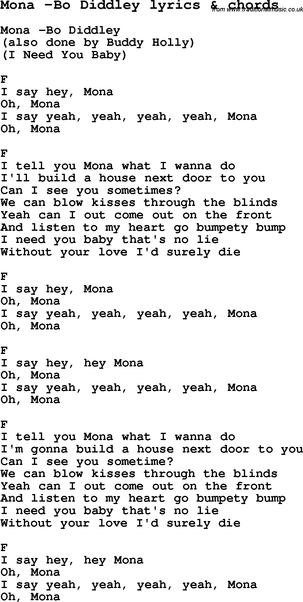 Love Song Lyrics for: Mona -Bo Diddley with chords for Ukulele, Guitar Banjo etc.