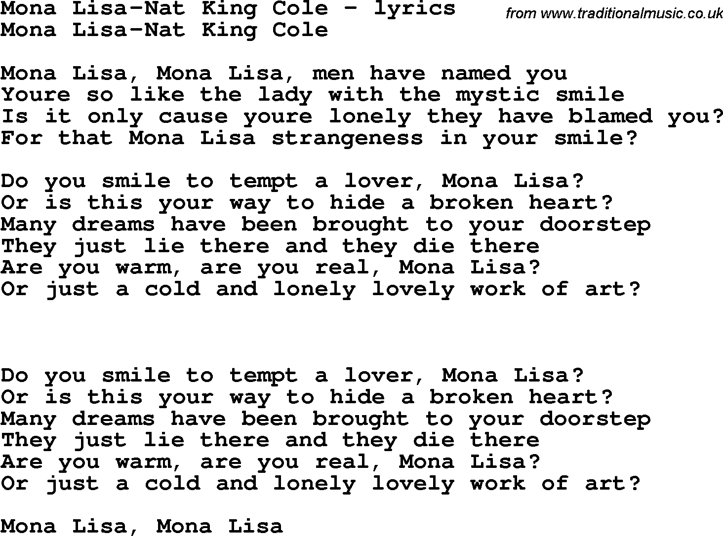 Love Song Lyrics for: Mona Lisa-Nat King Cole