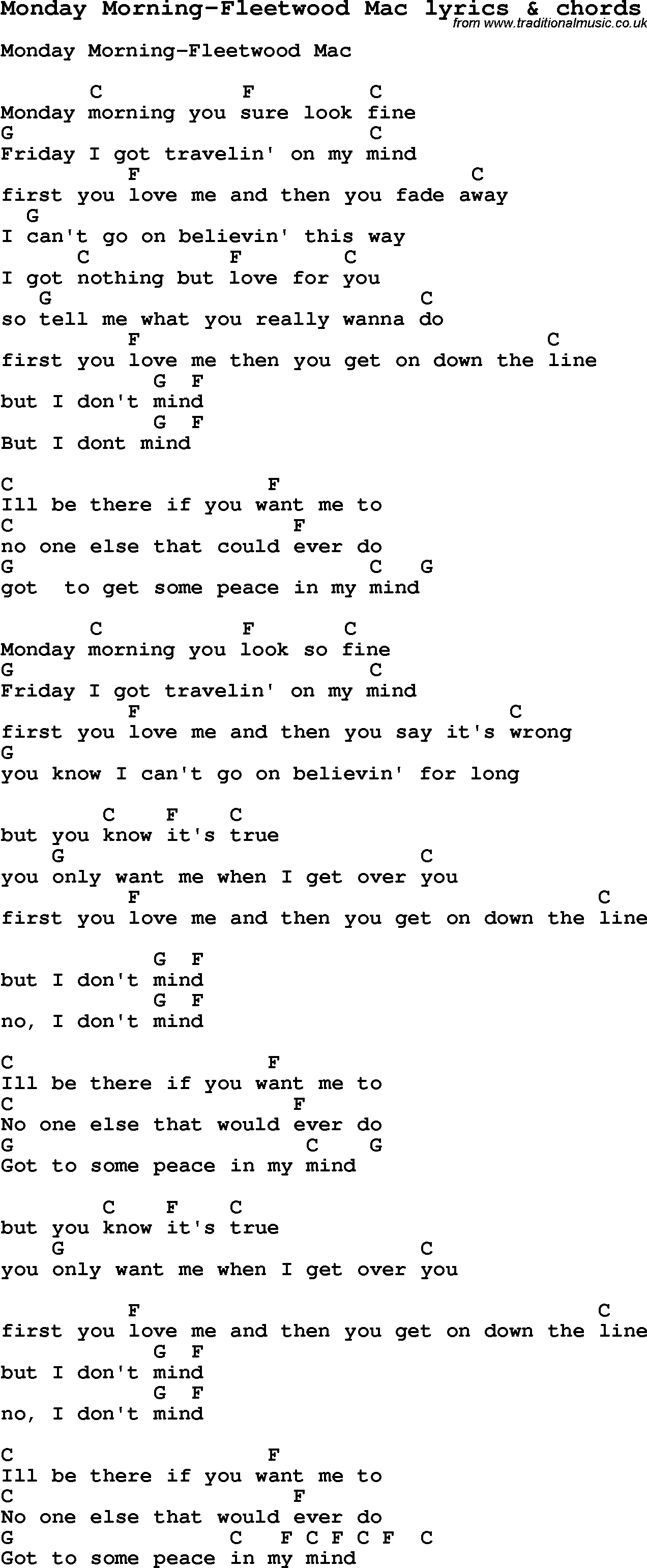 Love Song Lyrics for: Monday Morning-Fleetwood Mac with chords for Ukulele, Guitar Banjo etc.