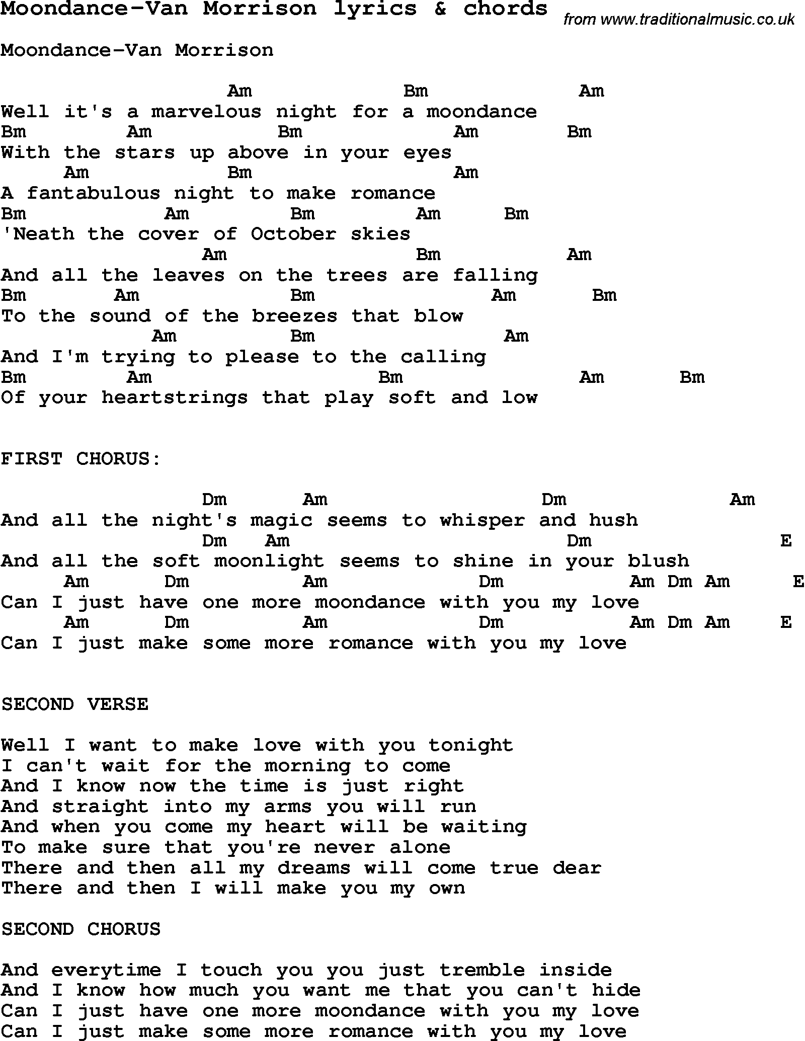 Love Song Lyrics for: Moondance-Van Morrison with chords for Ukulele, Guitar Banjo etc.