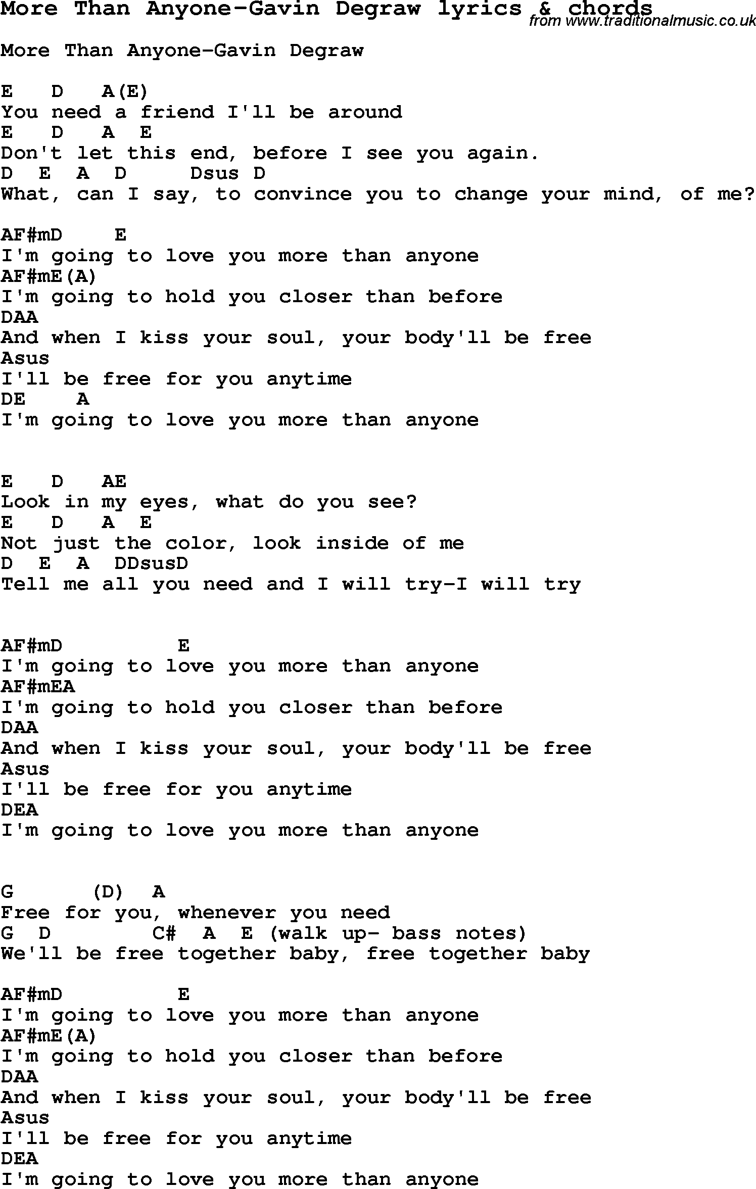 Love Song Lyrics for: More Than Anyone-Gavin Degraw with chords for Ukulele, Guitar Banjo etc.