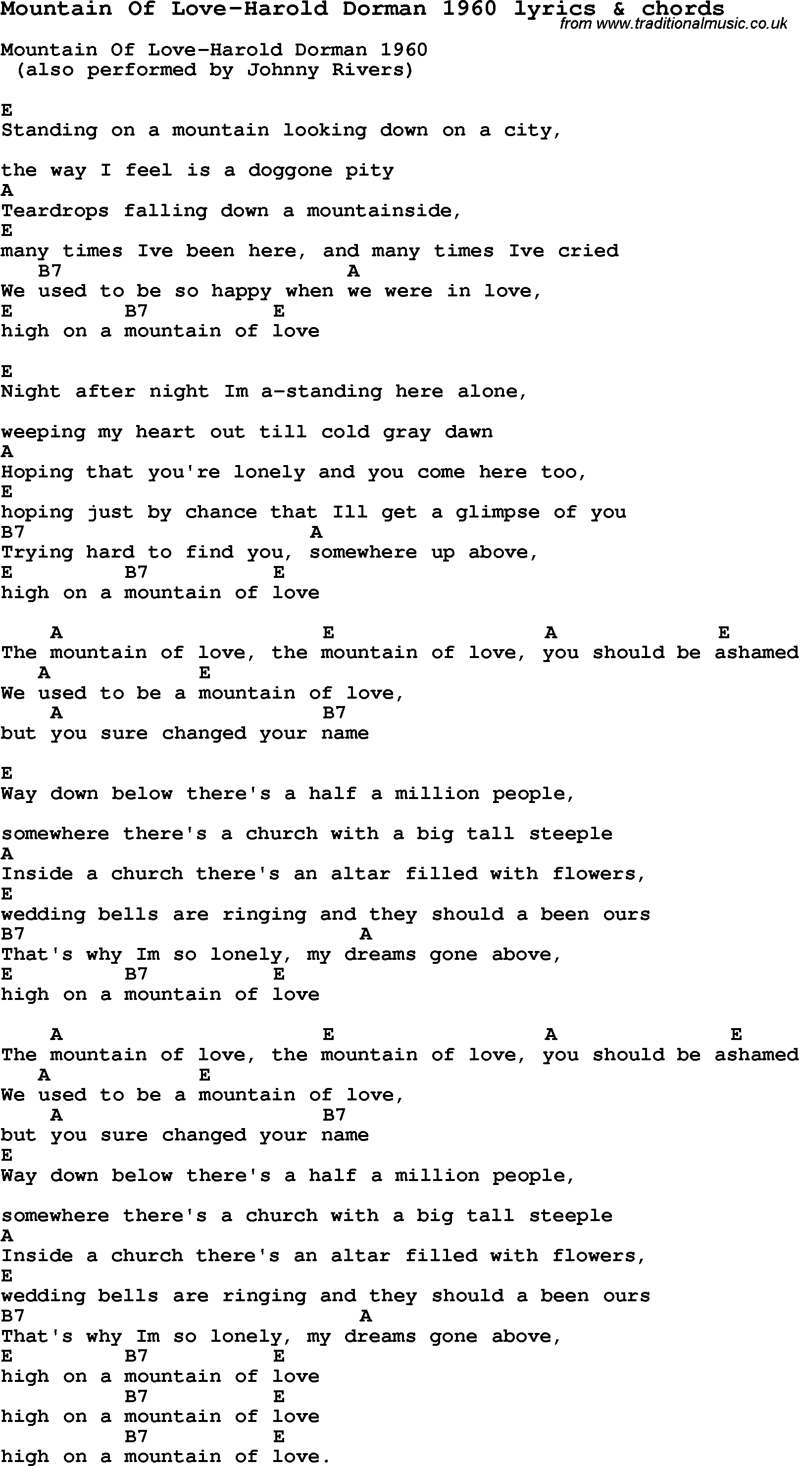 Love Song Lyrics for: Mountain Of Love-Harold Dorman 1960 with chords for Ukulele, Guitar Banjo etc.