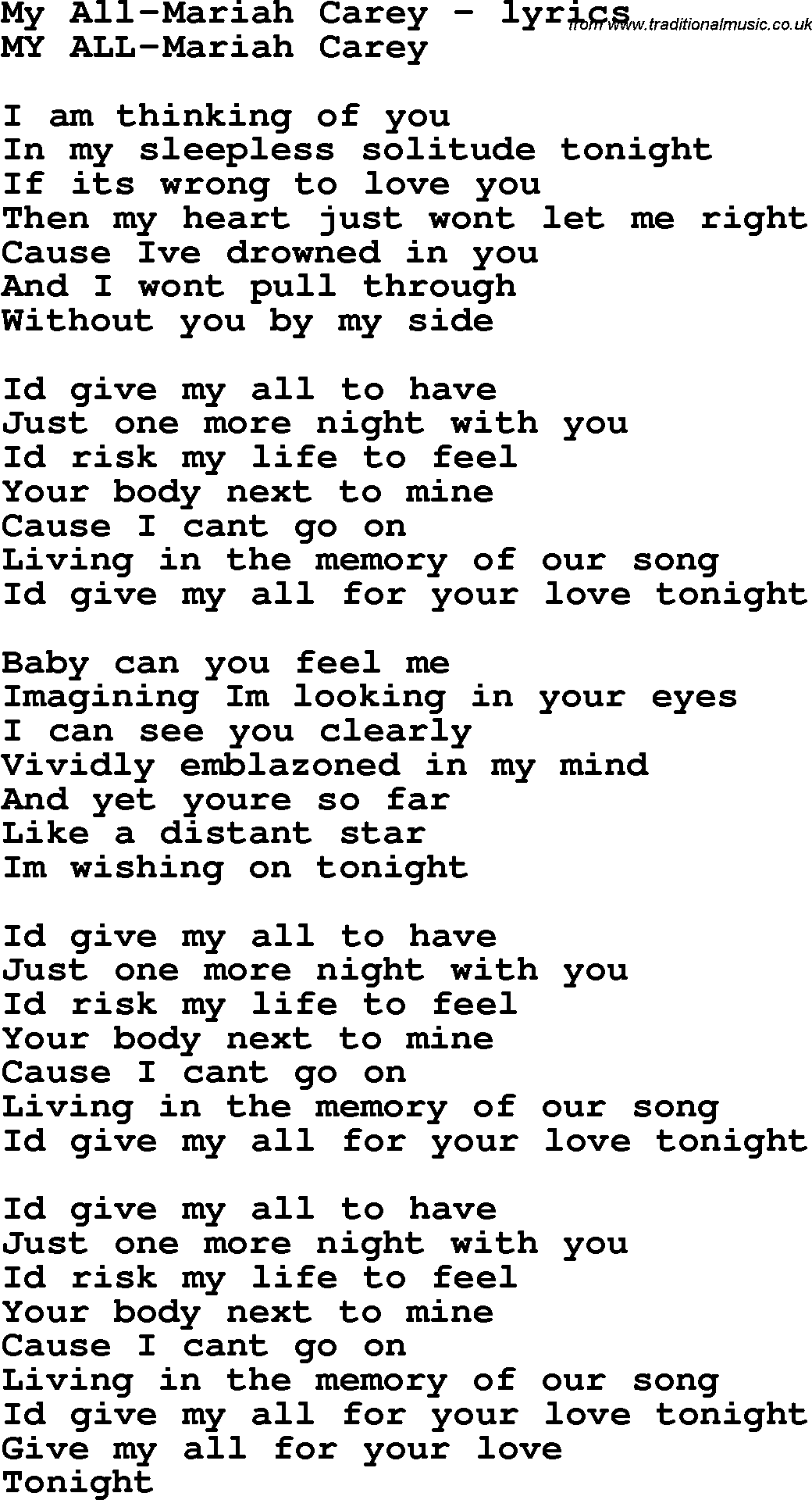 Love Song Lyrics for: My All-Mariah Carey