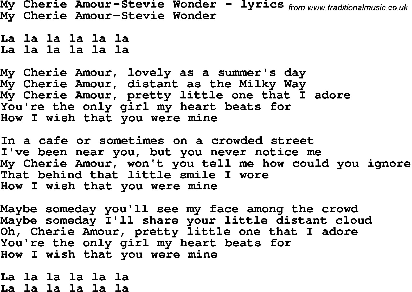 Love Song Lyrics for: My Cherie Amour-Stevie Wonder