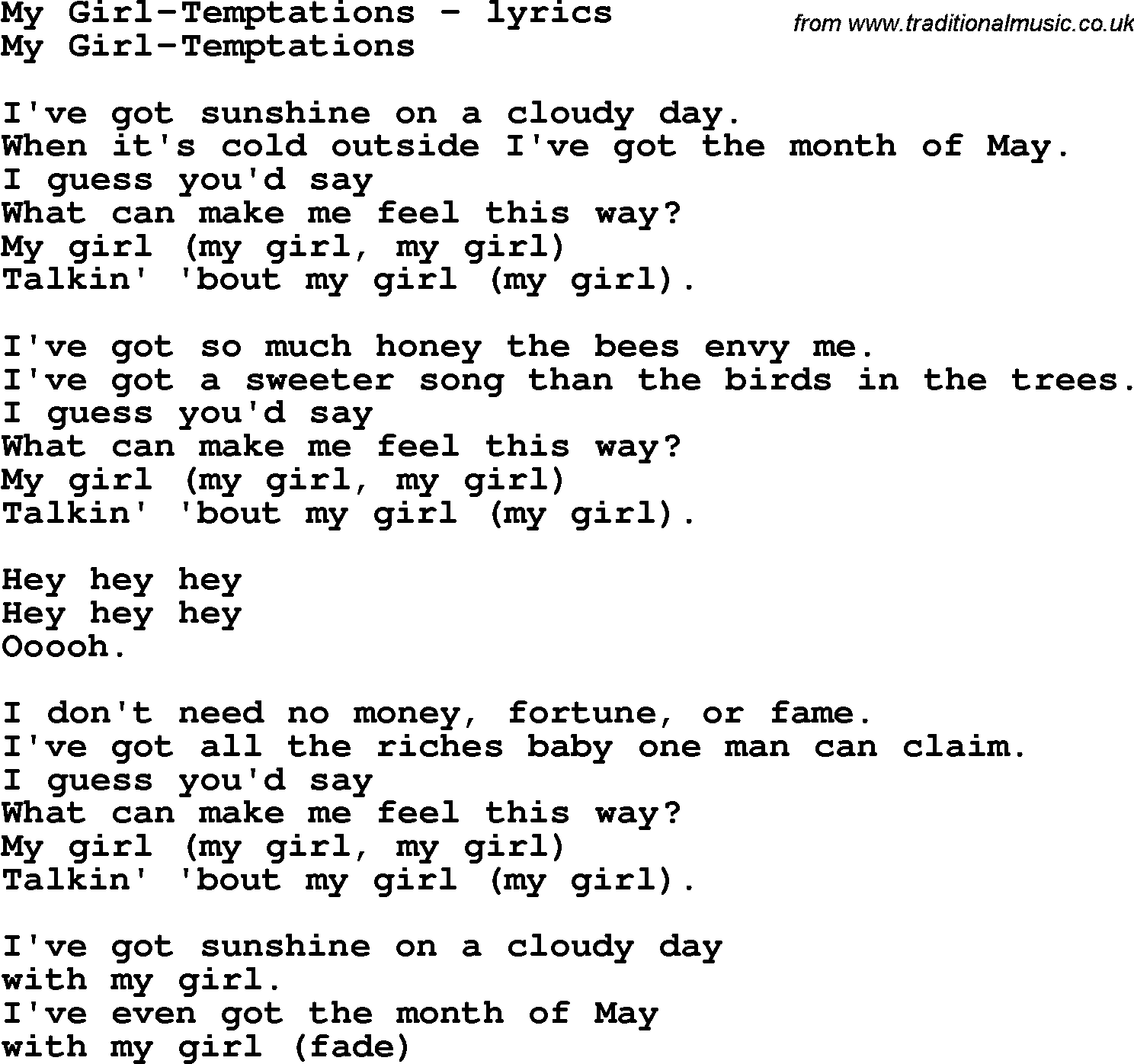 Love Song Lyrics for: My Girl-Temptations