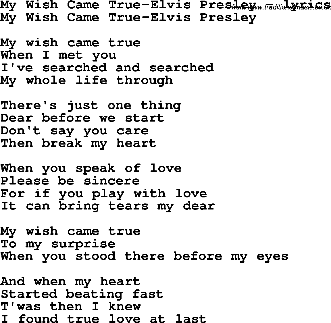 Love Song Lyrics for: My Wish Came True-Elvis Presley