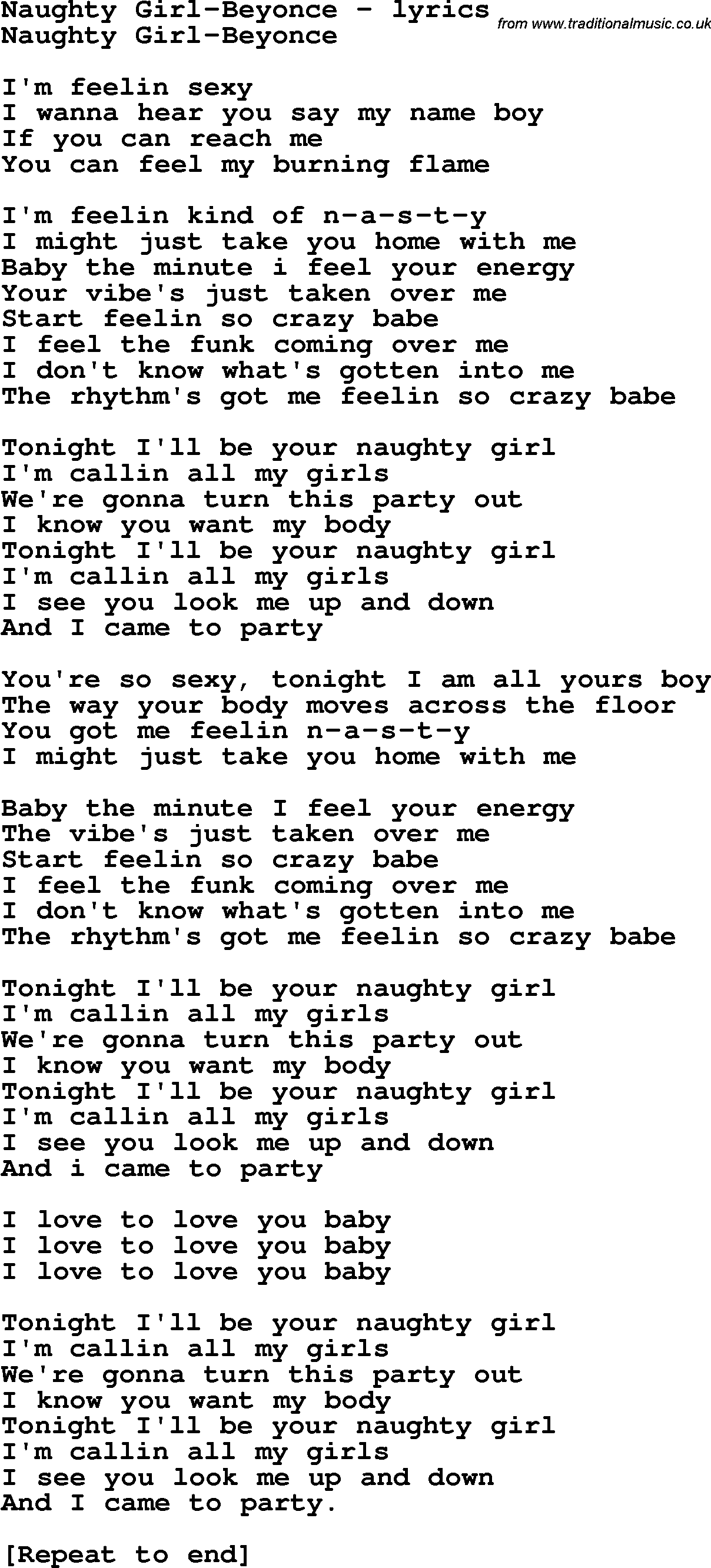 Love Song Lyrics for: Naughty Girl-Beyonce