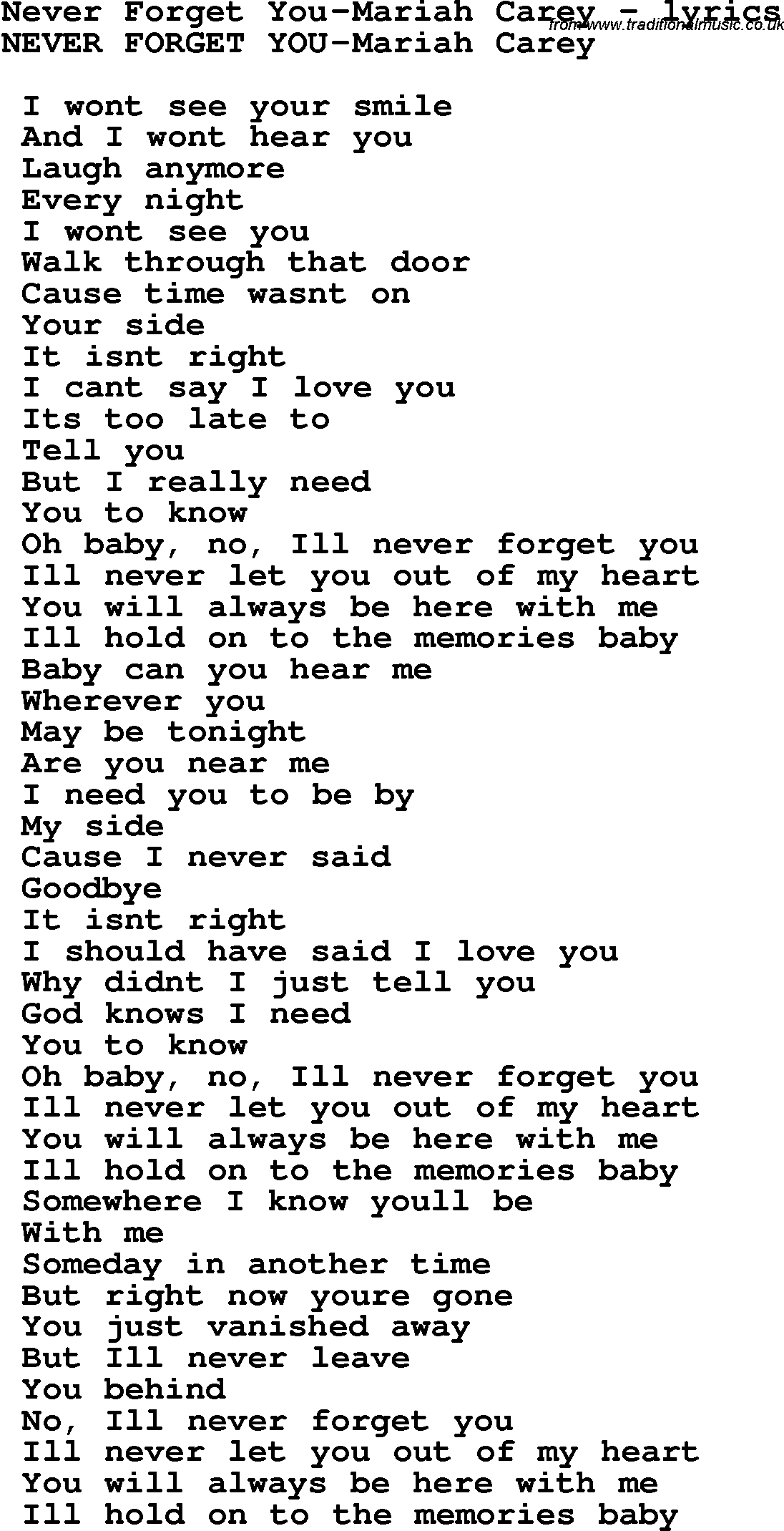 Love Song Lyrics for: Never Forget You-Mariah Carey