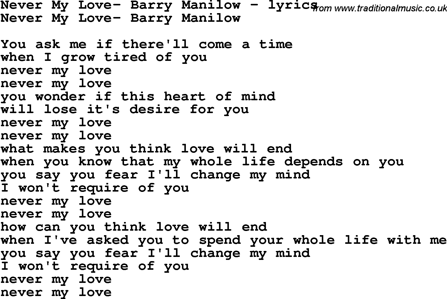 Love Song Lyrics for: Never My Love- Barry Manilow