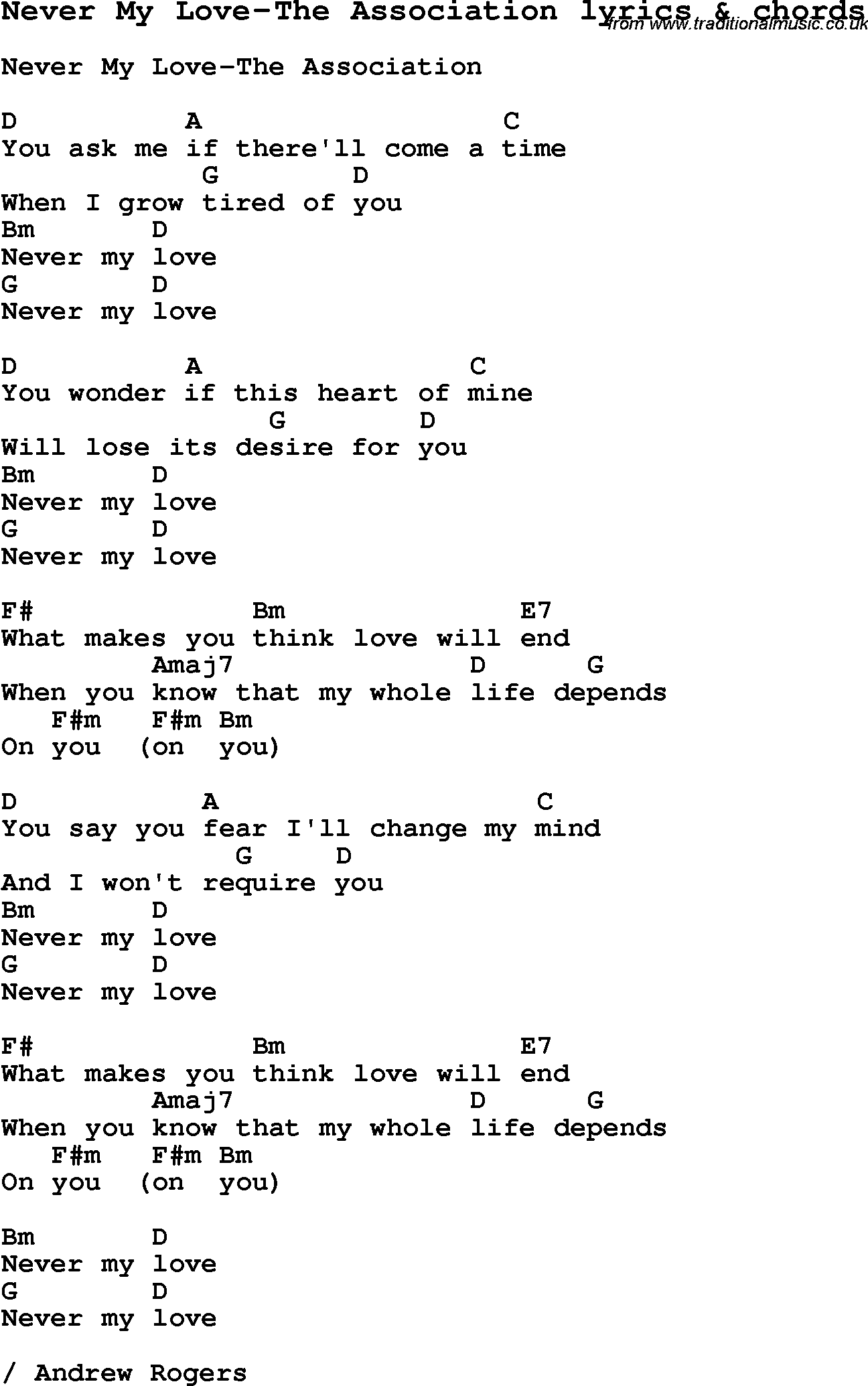 Love Song Lyrics for: Never My Love-The Association with chords for Ukulele, Guitar Banjo etc.