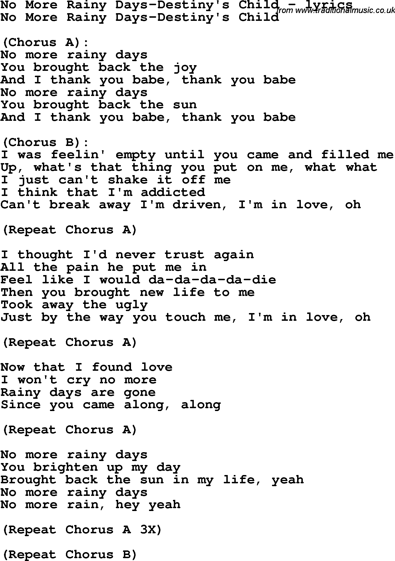 Love Song Lyrics For No More Rainy Days Destiny S Child