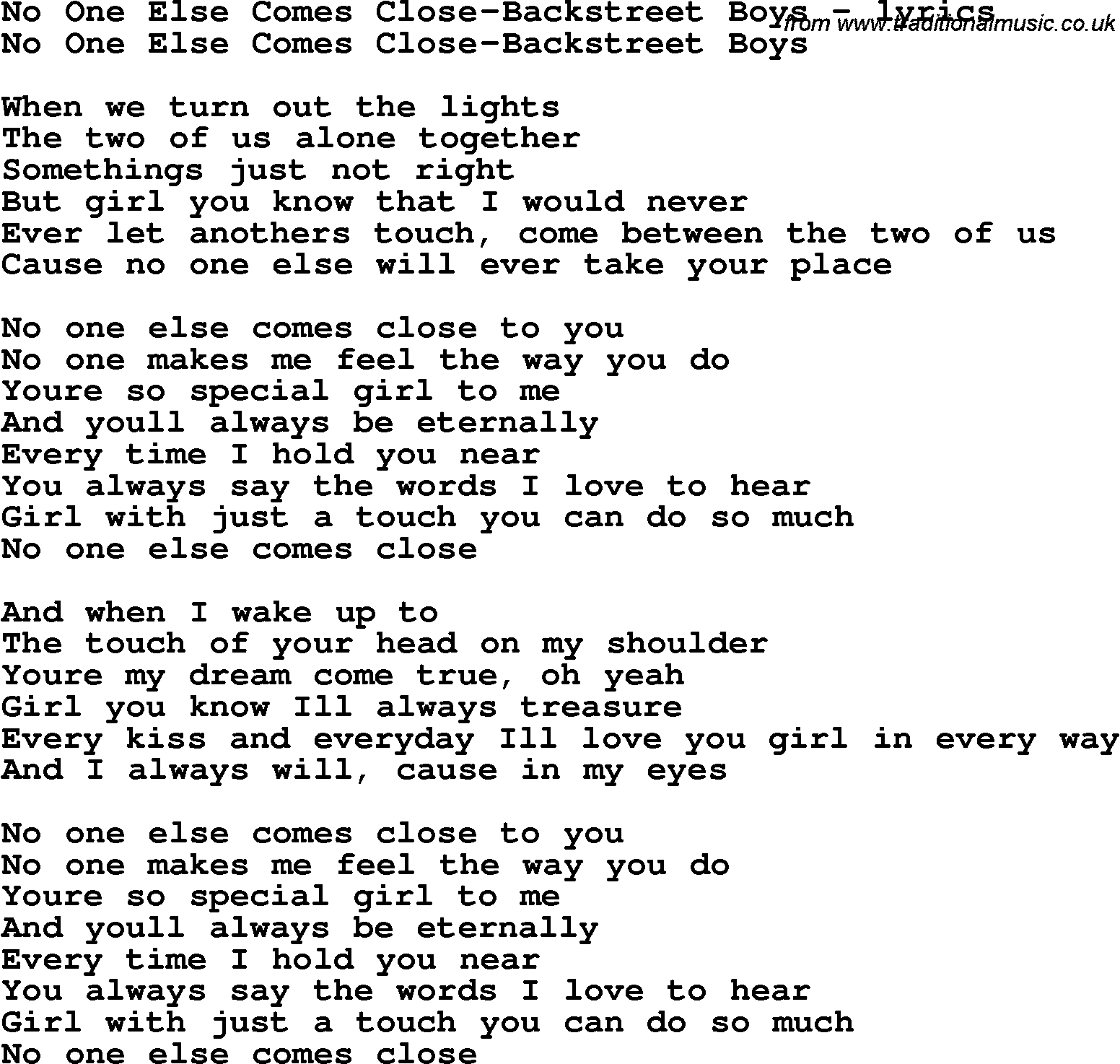 Love Song Lyrics for: No One Else Comes Close-Backstreet Boys