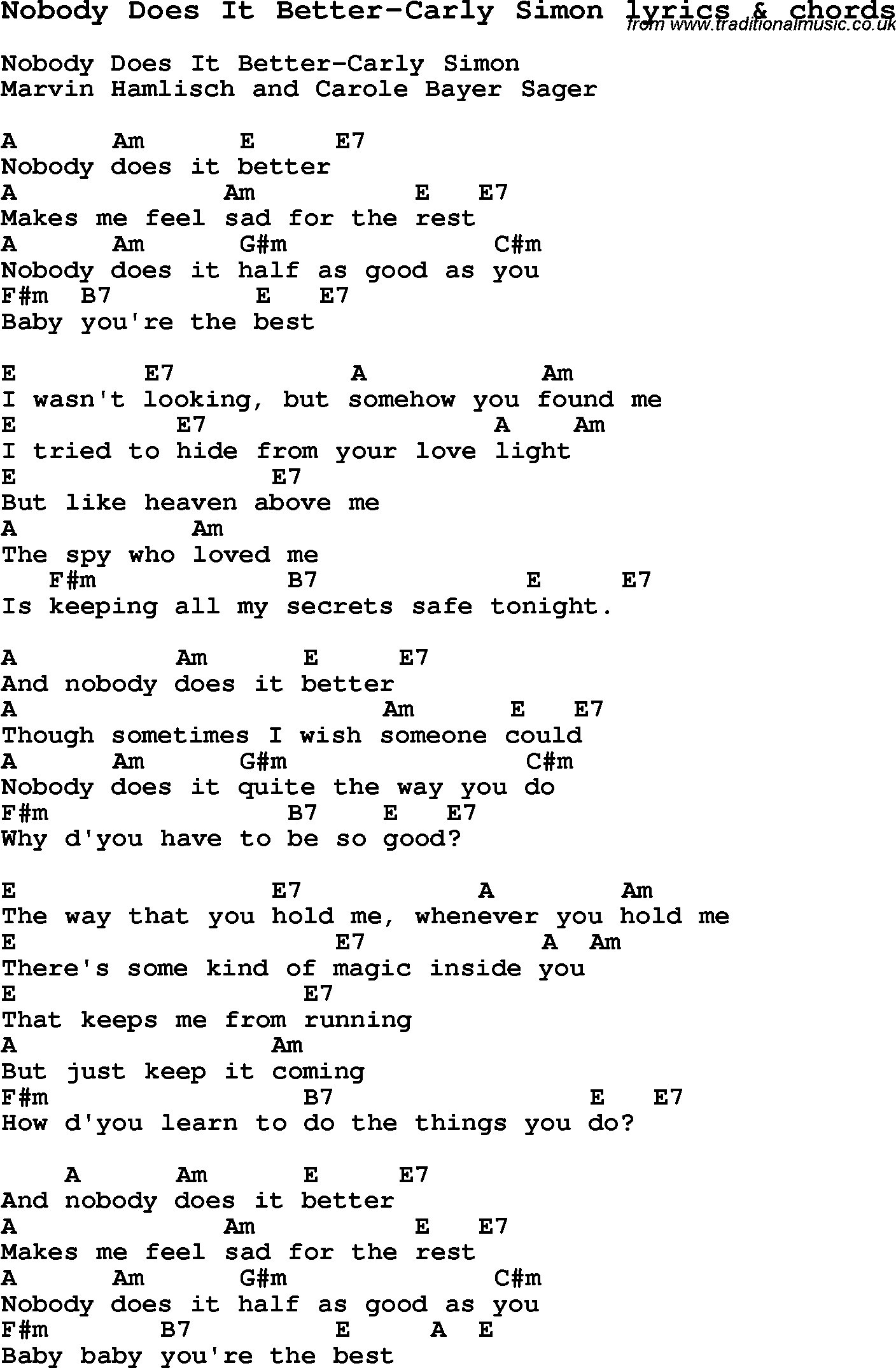 Love Song Lyrics for: Nobody Does It Better-Carly Simon with chords for Ukulele, Guitar Banjo etc.
