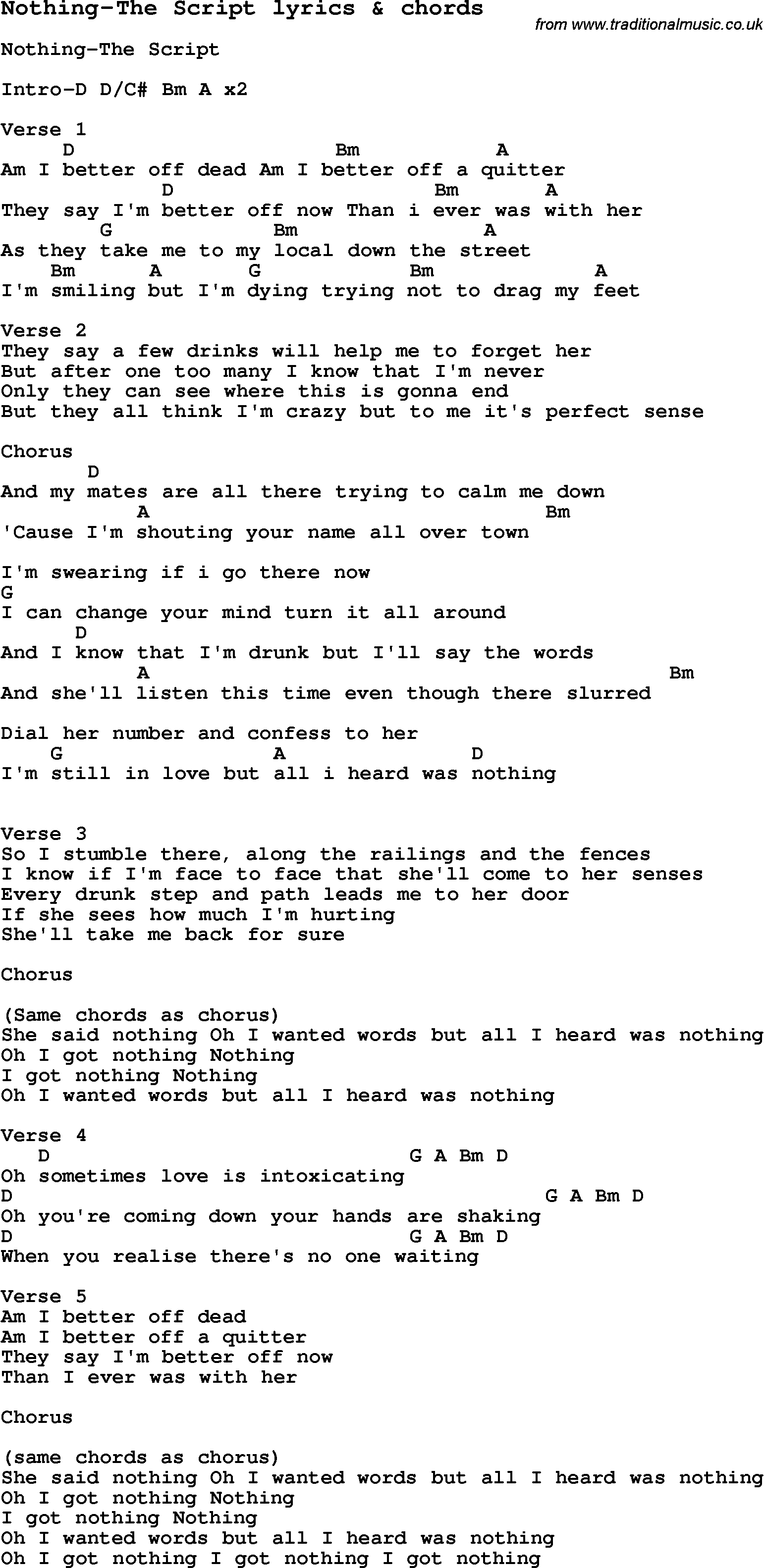 Love Song Lyrics for: Nothing-The Script with chords for Ukulele, Guitar Banjo etc.