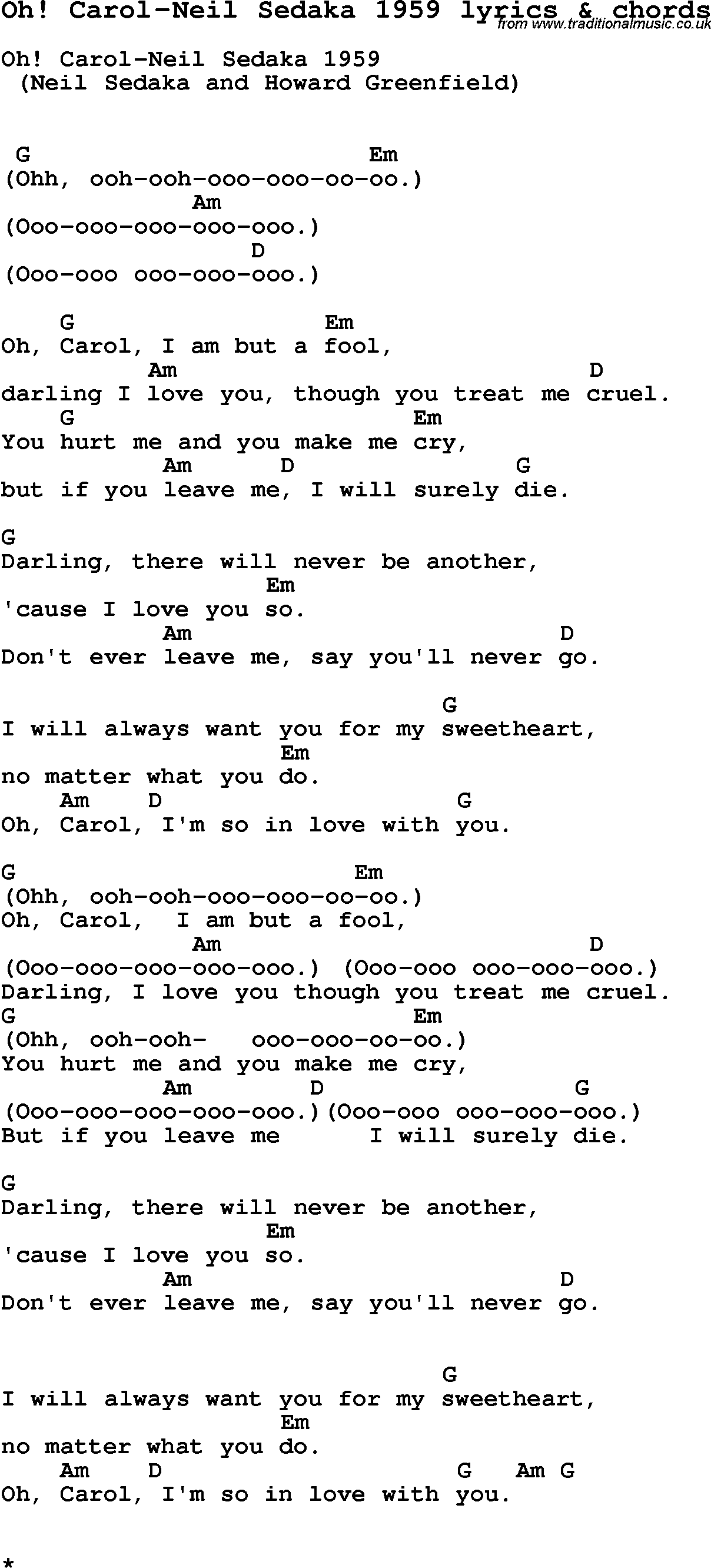 Love Song Lyrics for: Oh! Carol-Neil Sedaka 1959 with chords for Ukulele, Guitar Banjo etc.