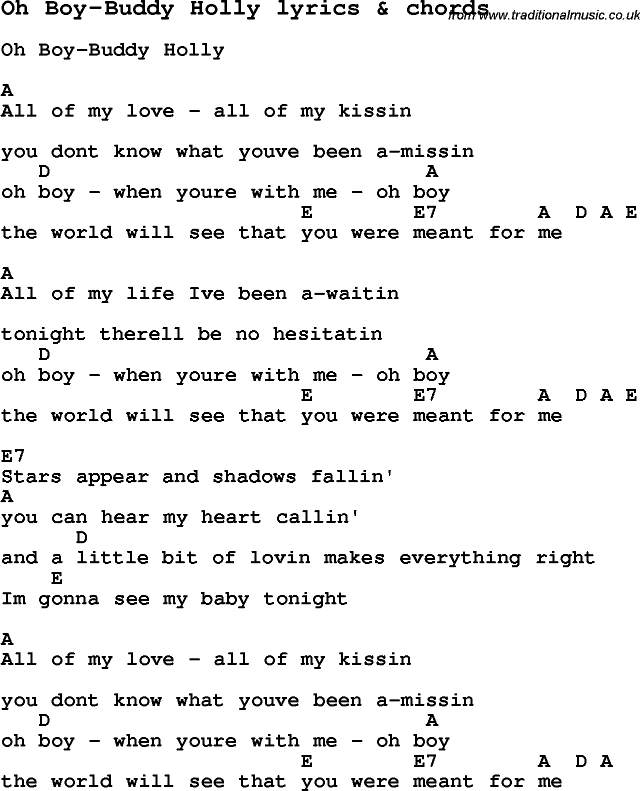 Love Song Lyrics for: Oh Boy-Buddy Holly with chords for Ukulele, Guitar Banjo etc.