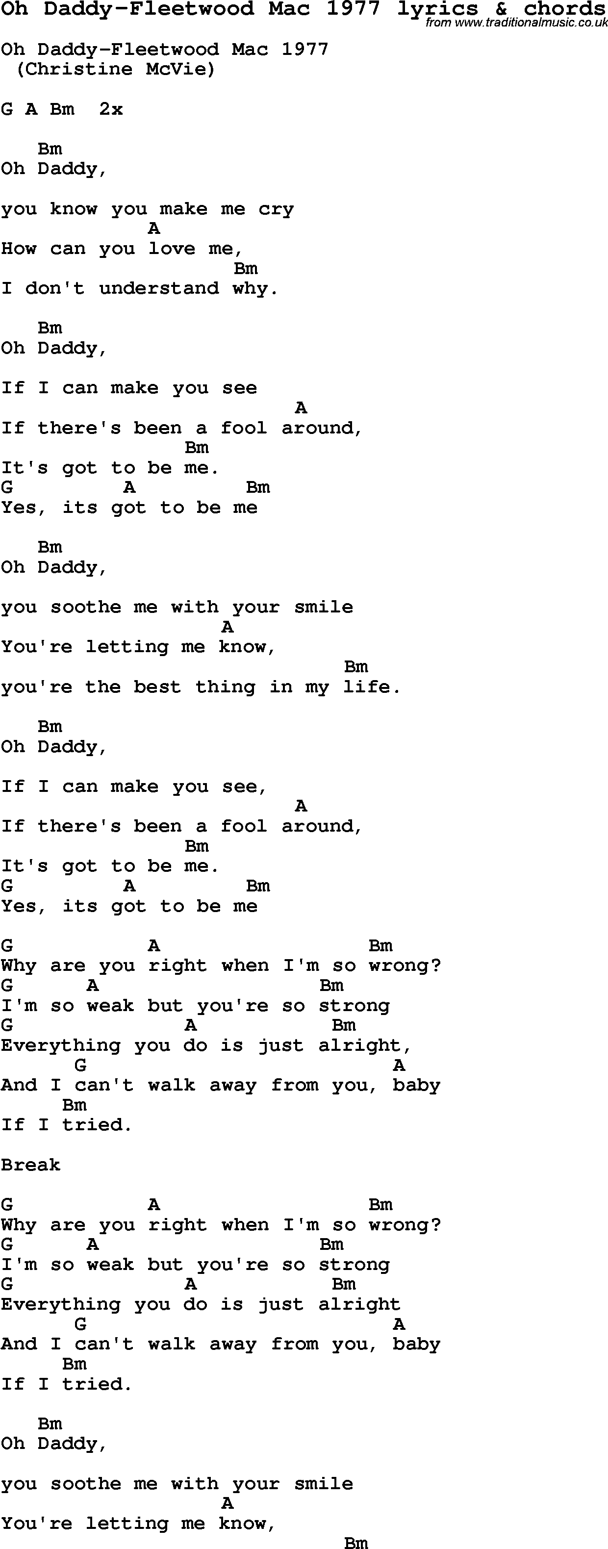 Love Song Lyrics for: Oh Daddy-Fleetwood Mac 1977 with chords for Ukulele, Guitar Banjo etc.