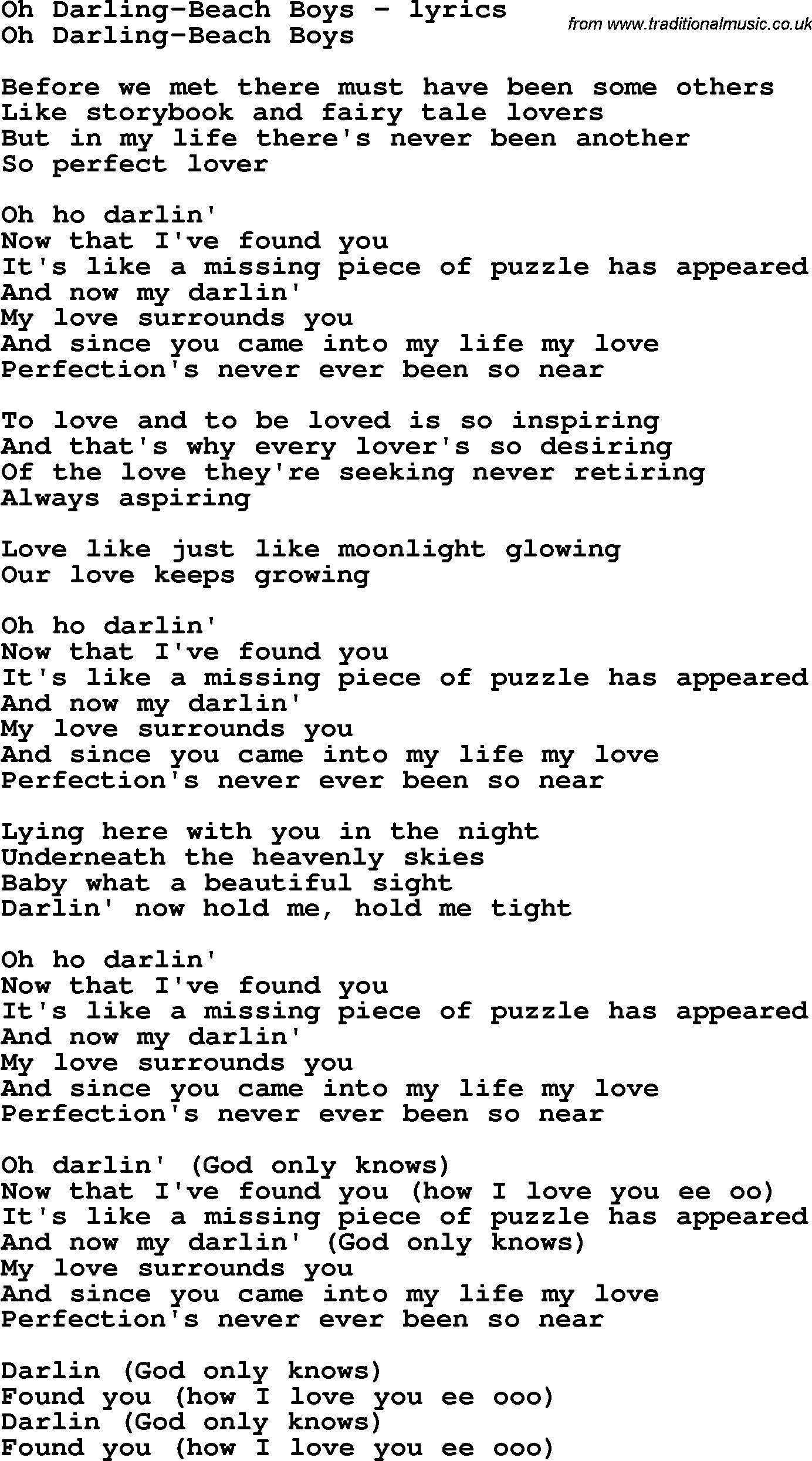 Love Song Lyrics For Oh Darling Beach Boys