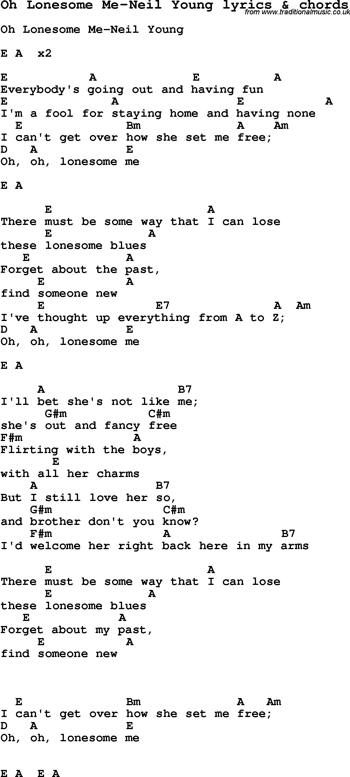 Love Song Lyrics for: Oh Lonesome Me-Neil Young with chords for Ukulele, Guitar Banjo etc.
