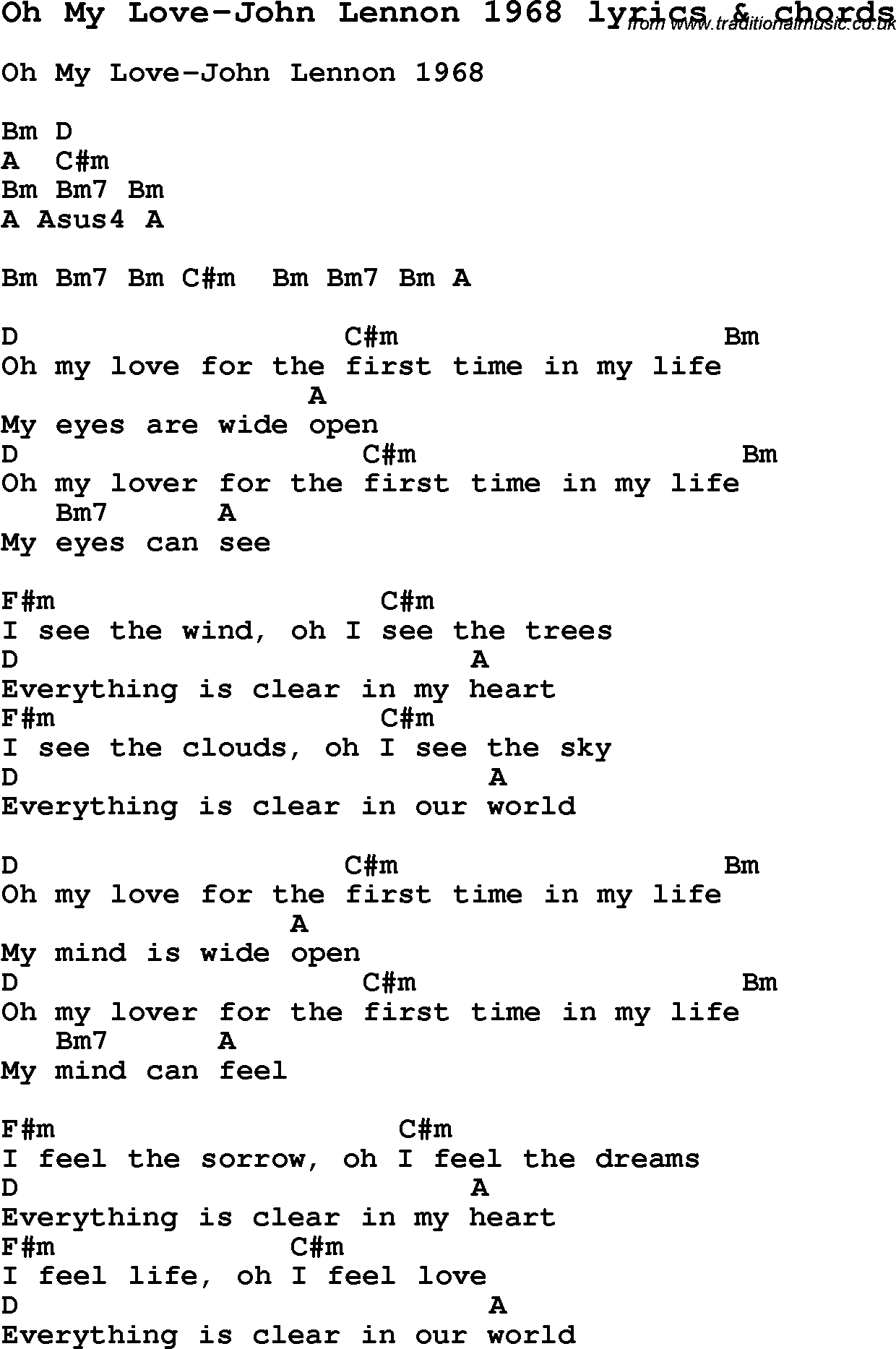 Love Song Lyrics for: Oh My Love-John Lennon 1968 with chords for Ukulele, Guitar Banjo etc.