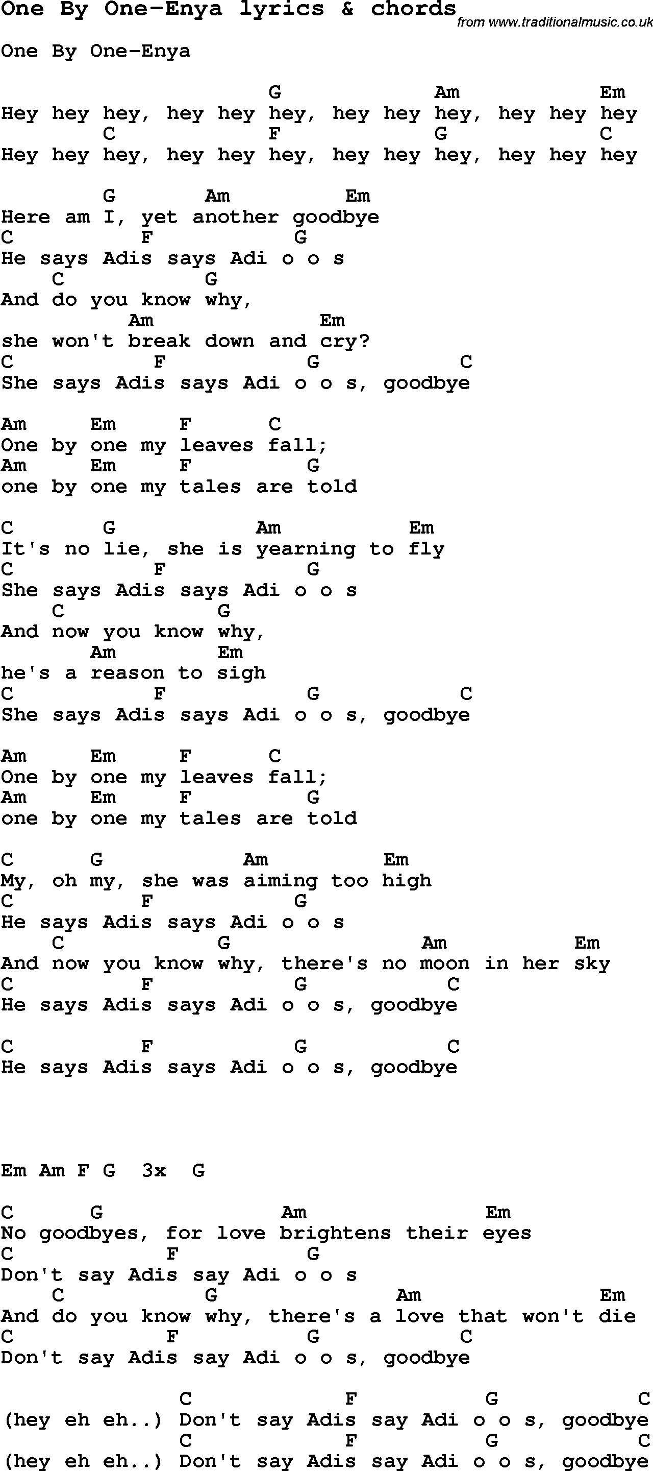 Love Song Lyrics for: One By One-Enya with chords for Ukulele, Guitar Banjo etc.