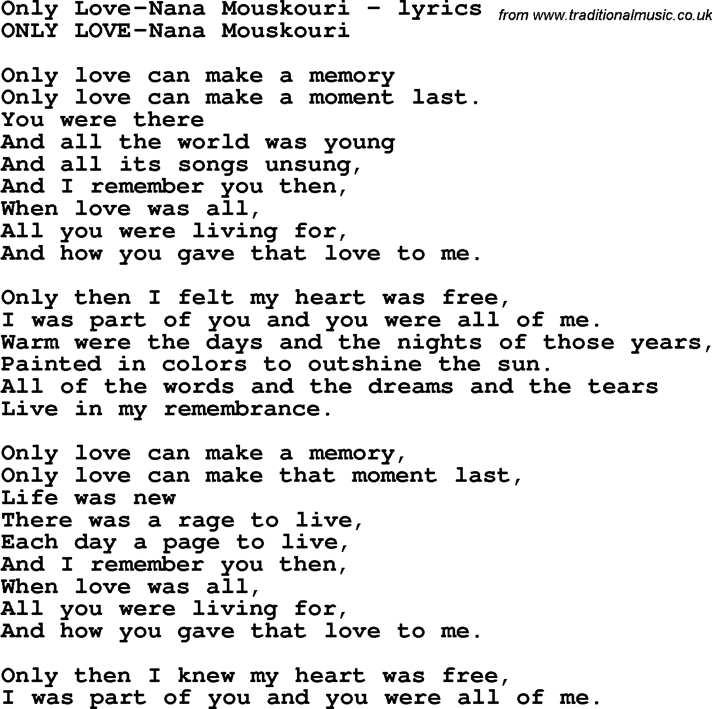 Love Song Lyrics for: Only Love-Nana Mouskouri
