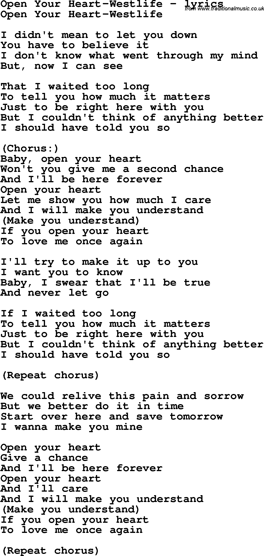 Love Song Lyrics for: Open Your Heart-Westlife