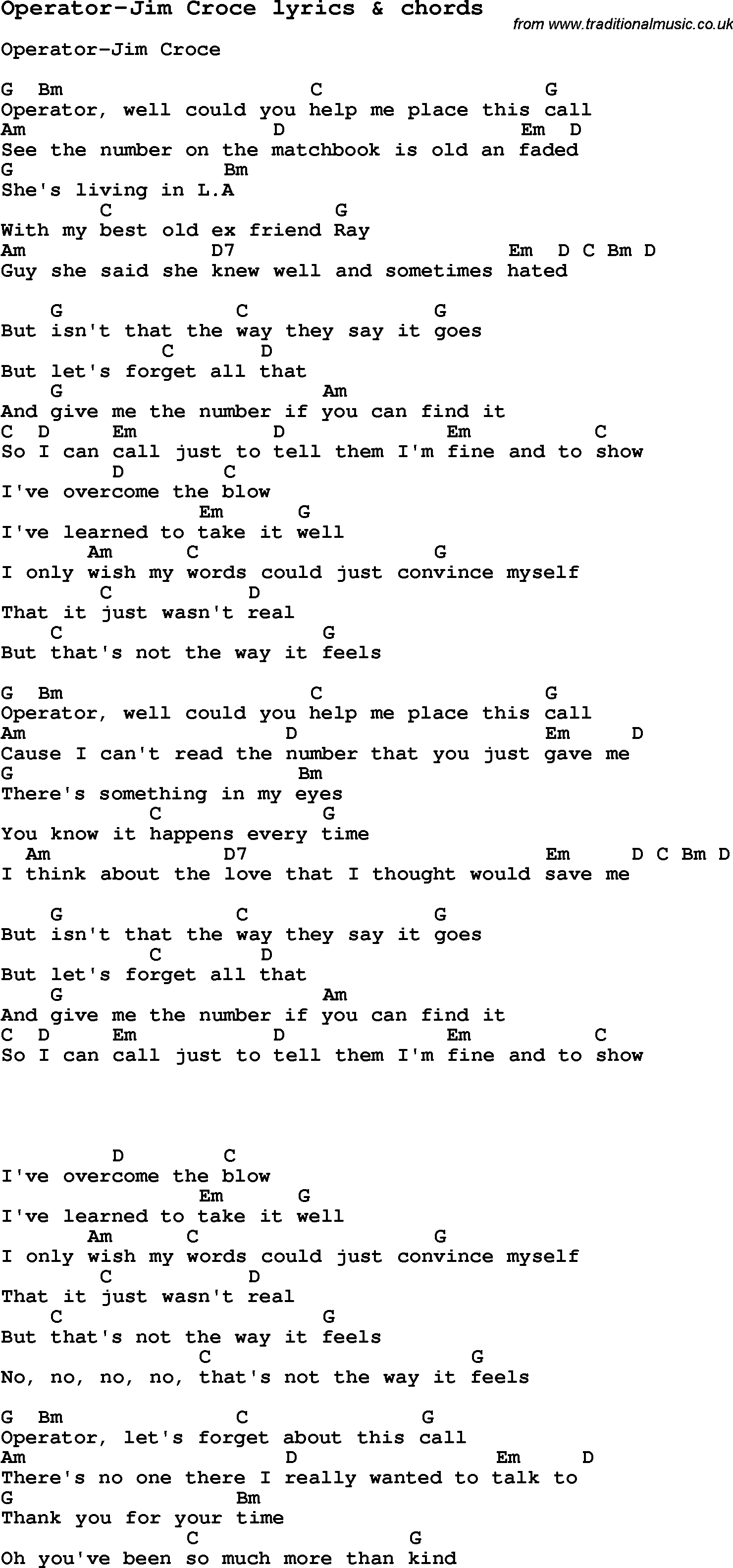 Love Song Lyrics for: Operator-Jim Croce with chords for Ukulele, Guitar Banjo etc.