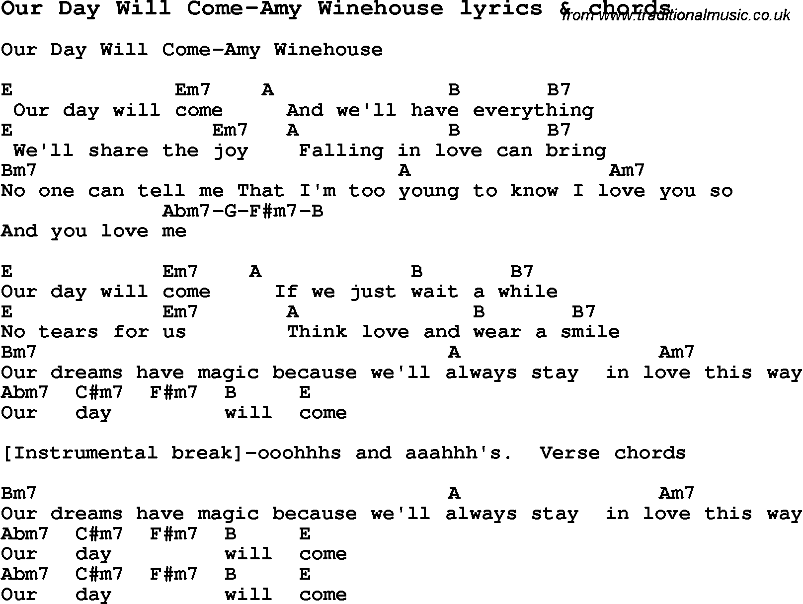 Love Song Lyrics for: Our Day Will Come-Amy Winehouse with chords for Ukulele, Guitar Banjo etc.