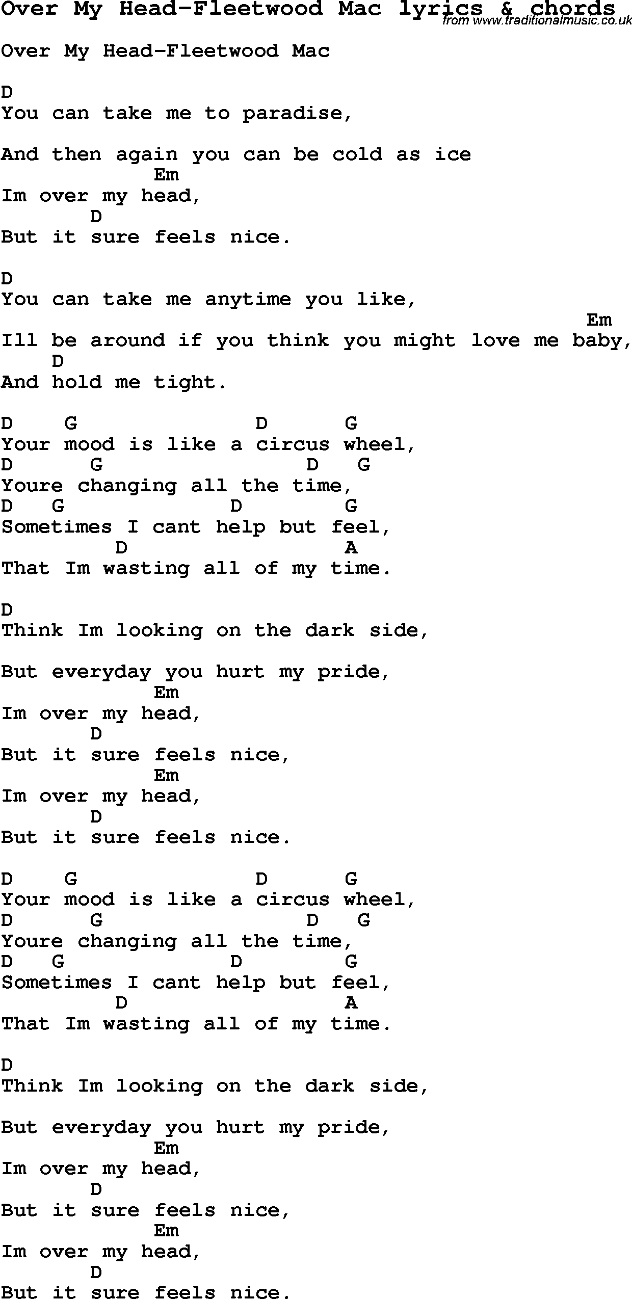 Love Song Lyrics for: Over My Head-Fleetwood Mac with chords for Ukulele, Guitar Banjo etc.