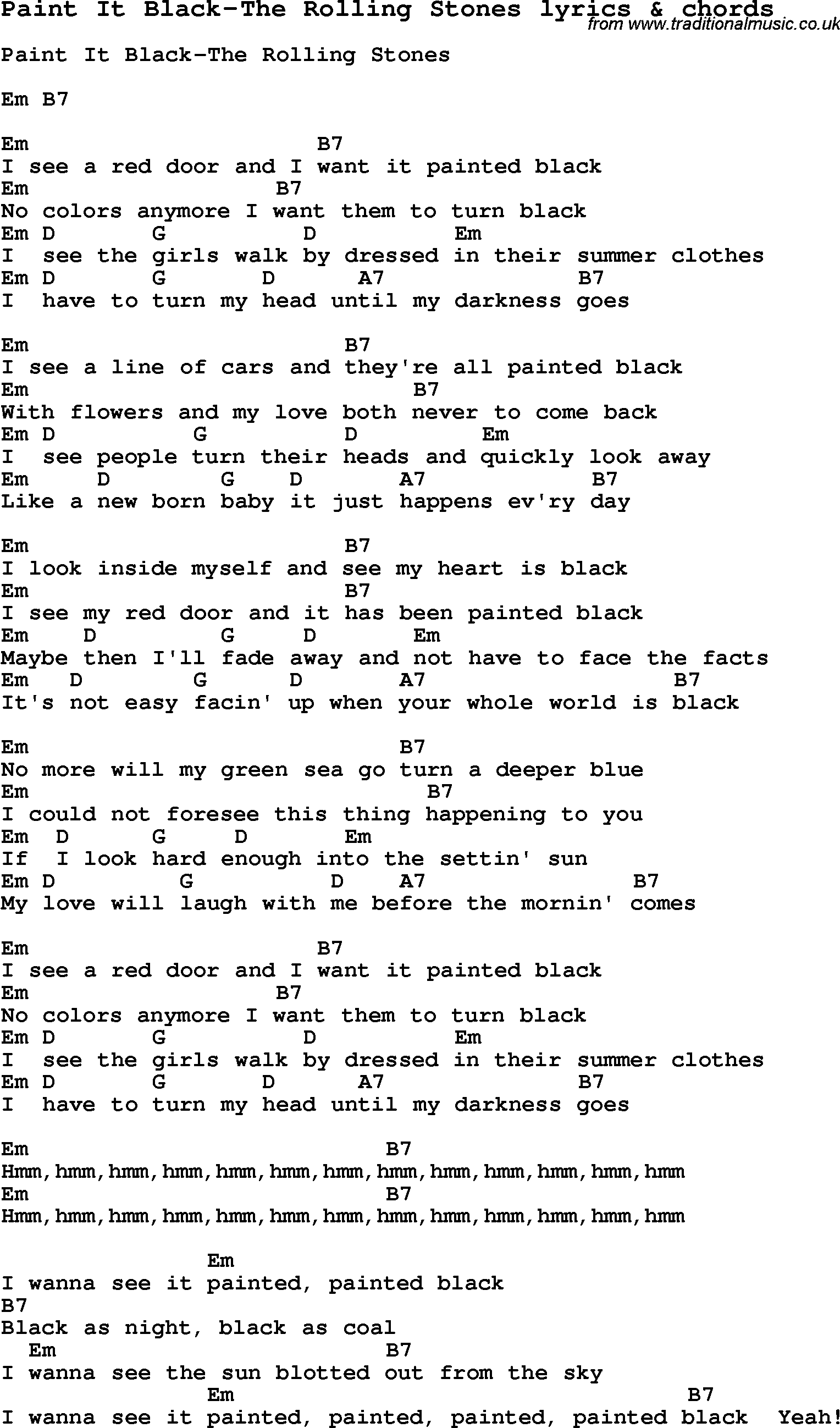 Love Song Lyrics for: Paint It Black-The Rolling Stones with chords for Ukulele, Guitar Banjo etc.