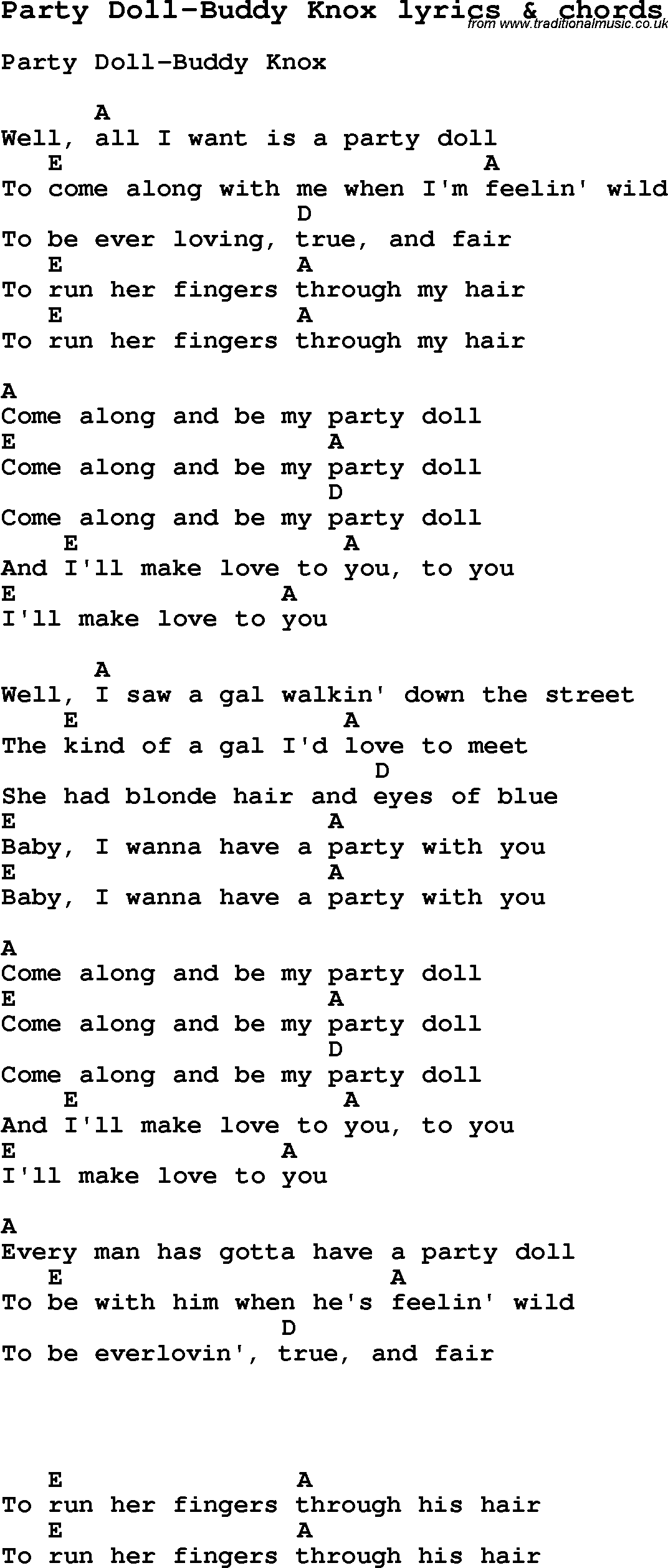 Love Song Lyrics for: Party Doll-Buddy Knox with chords for Ukulele, Guitar Banjo etc.