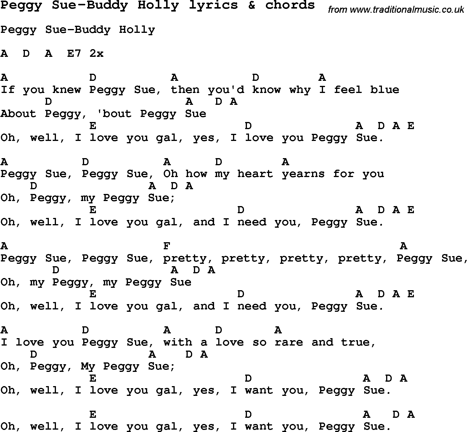 Love Song Lyrics for: Peggy Sue-Buddy Holly with chords for Ukulele, Guitar Banjo etc.