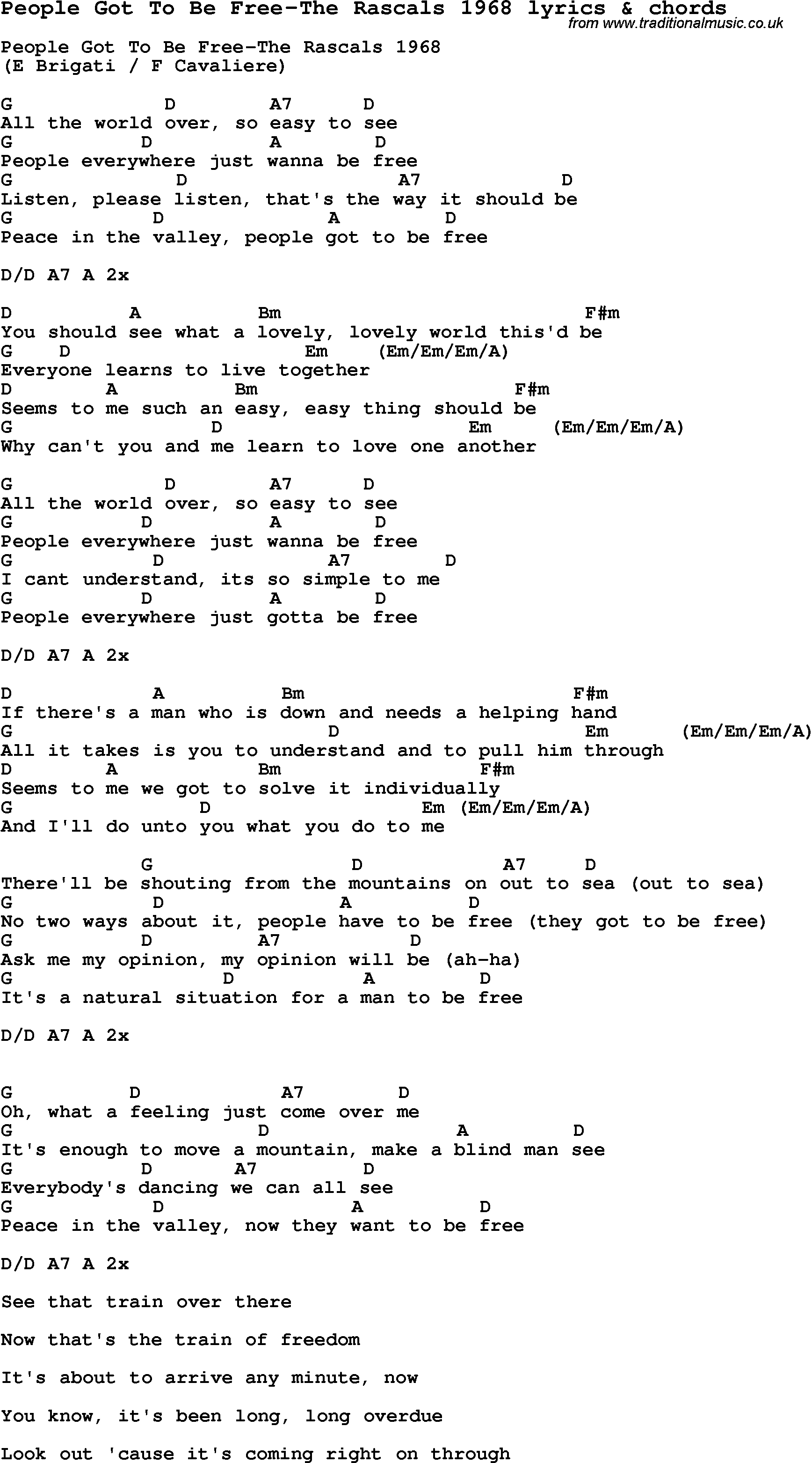 Love Song Lyrics for: People Got To Be Free-The Rascals 1968 with chords for Ukulele, Guitar Banjo etc.