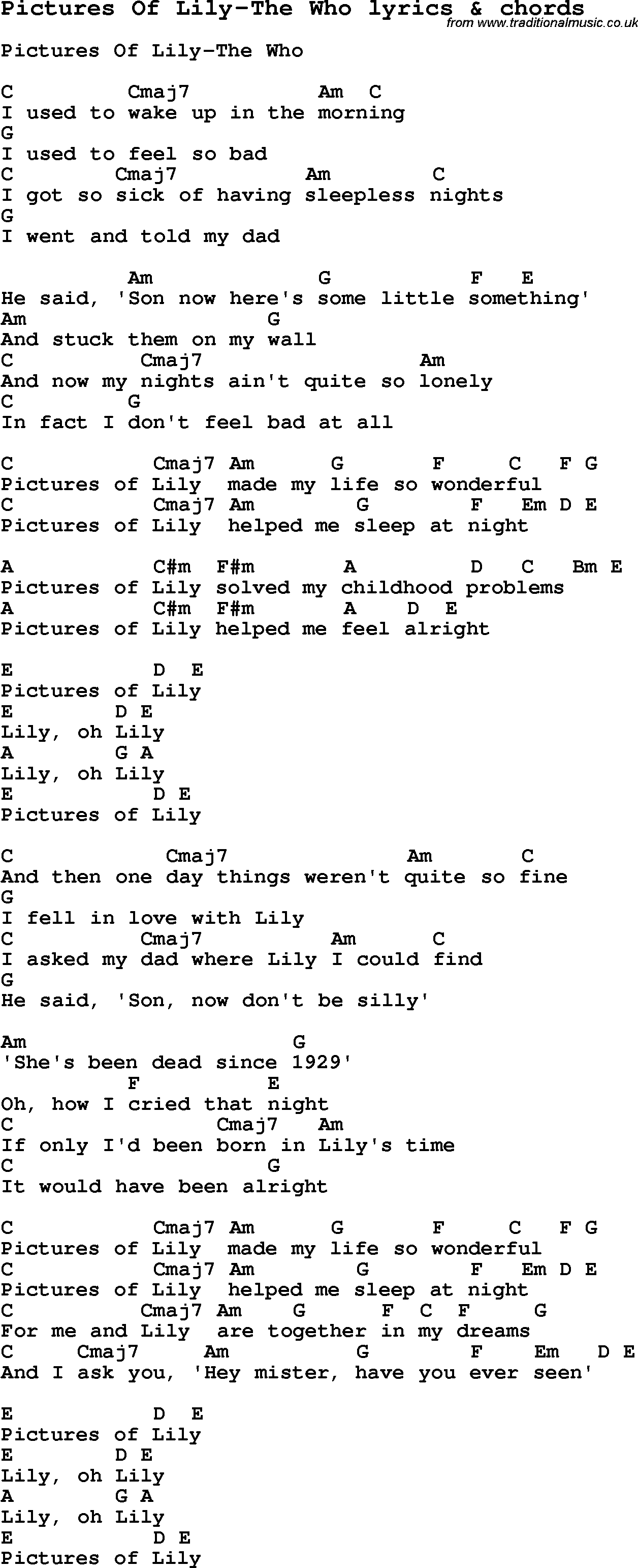 Love Song Lyrics for: Pictures Of Lily-The Who with chords for Ukulele, Guitar Banjo etc.