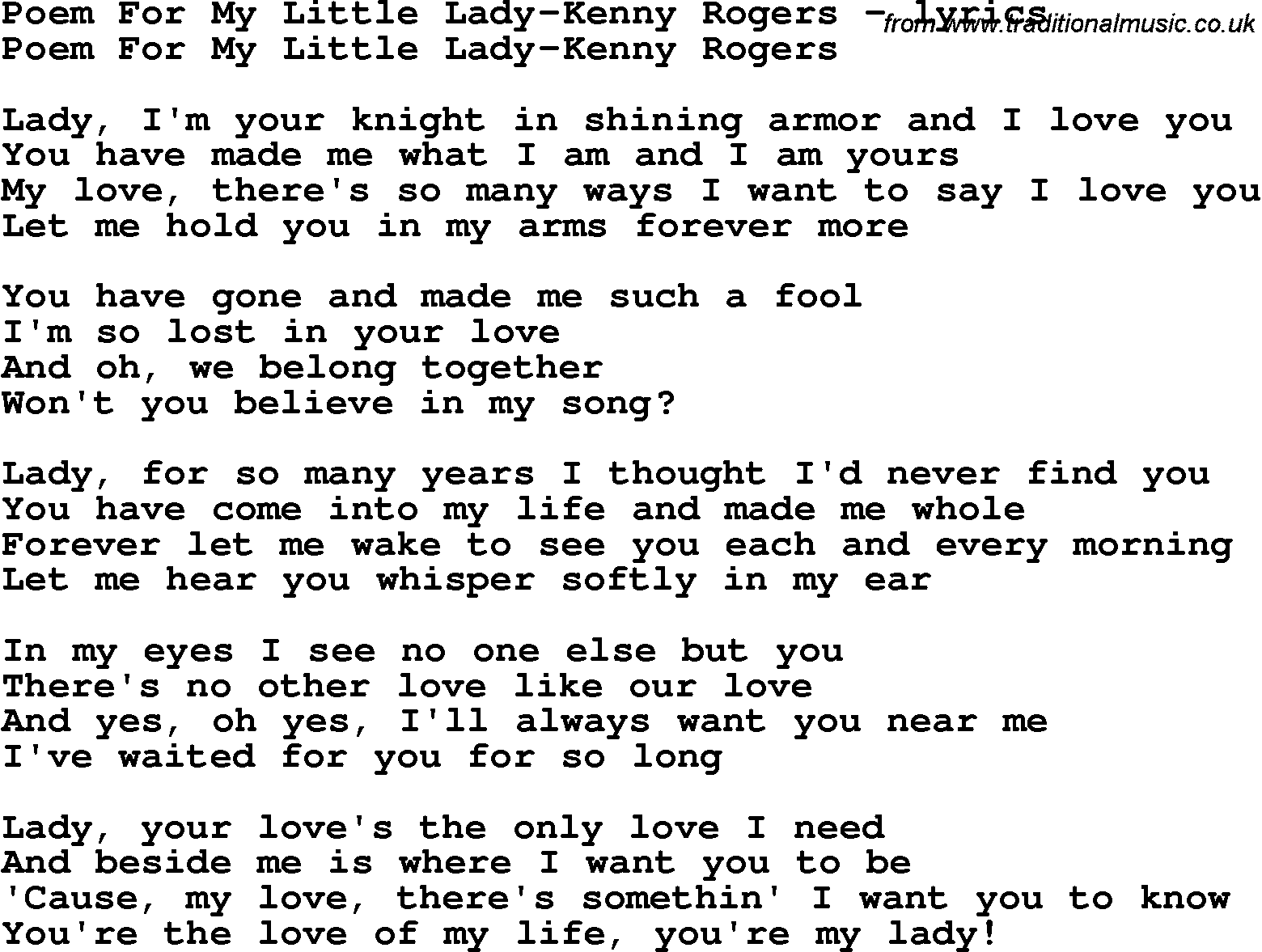 Love Song Lyrics for: Poem For My Little Lady-Kenny Rogers