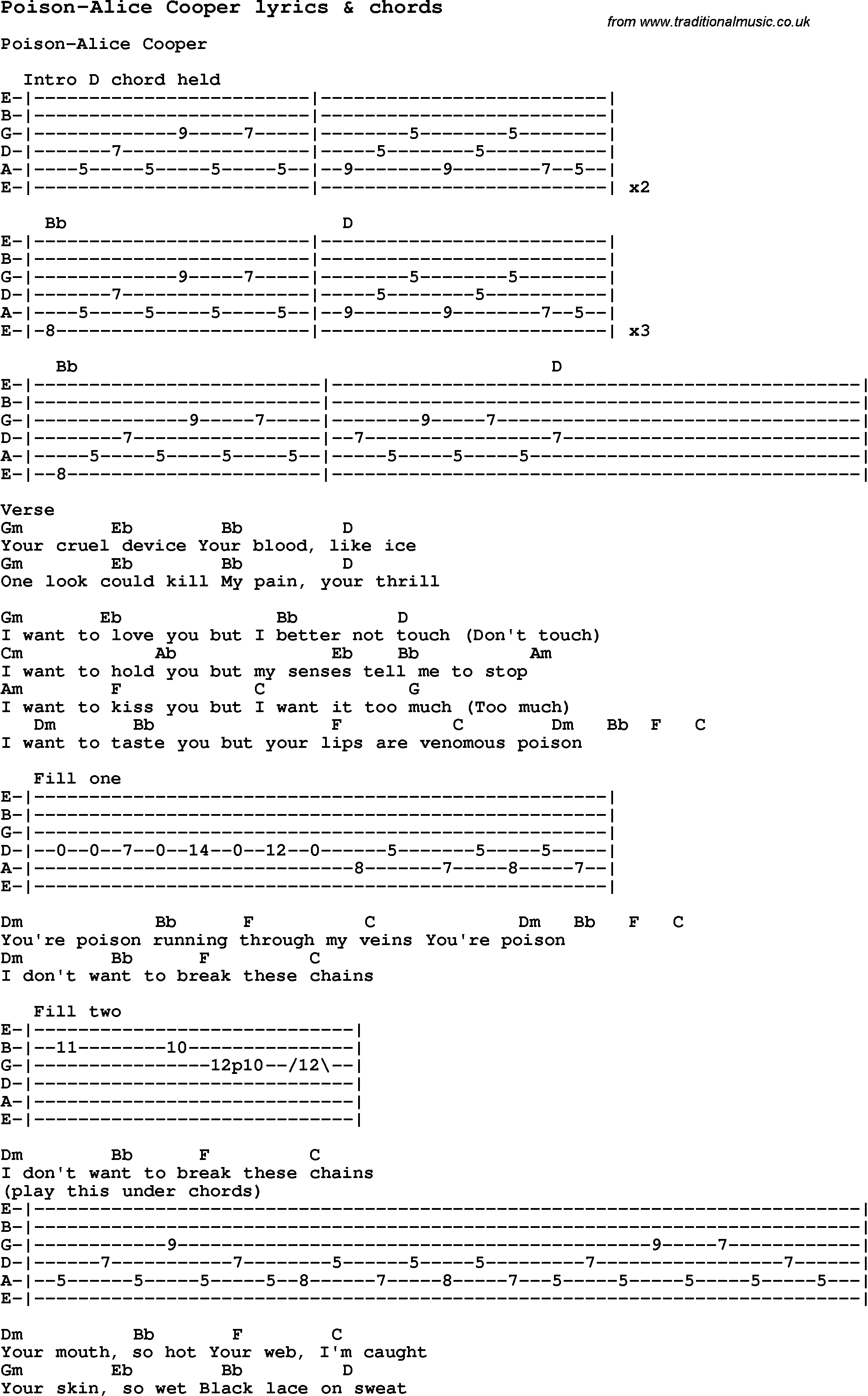 Love Song Lyrics for: Poison-Alice Cooper with chords for Ukulele, Guitar Banjo etc.