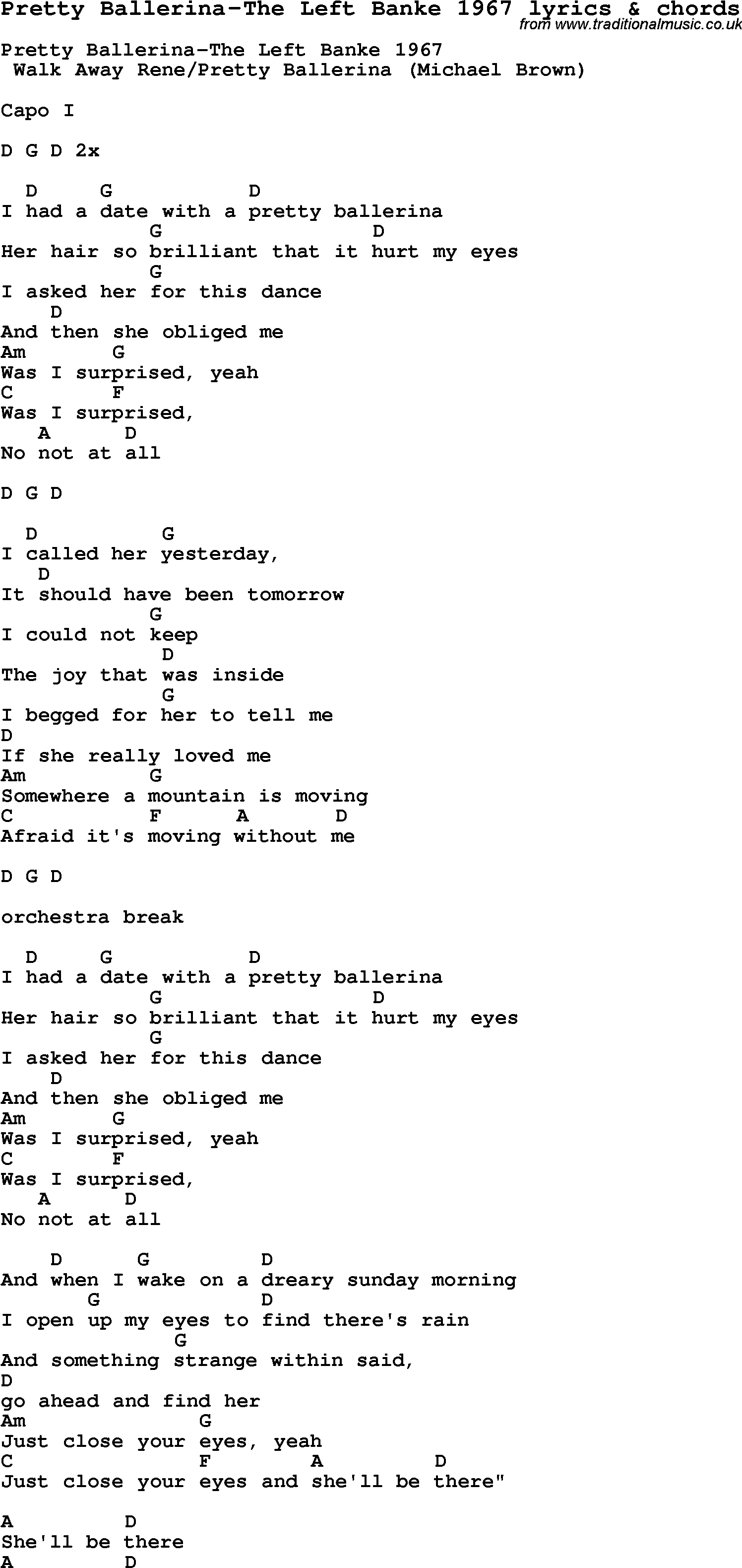 Love Song Lyrics for: Pretty Ballerina-The Left Banke 1967 with chords for Ukulele, Guitar Banjo etc.