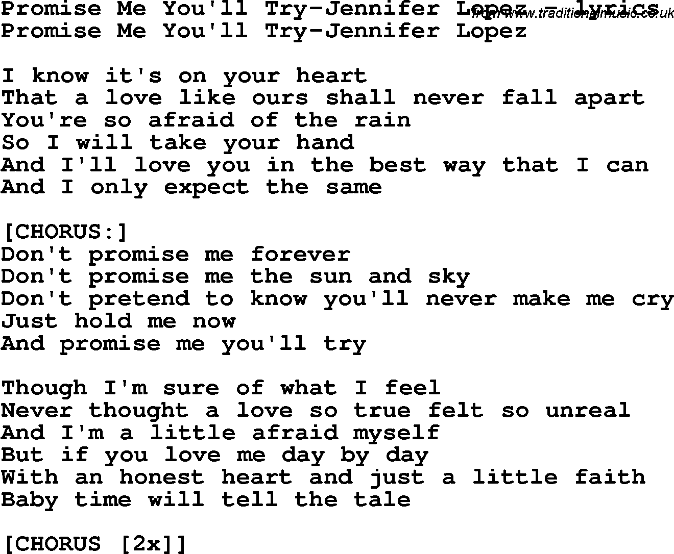 Love Song Lyrics for: Promise Me You'll Try-Jennifer Lopez