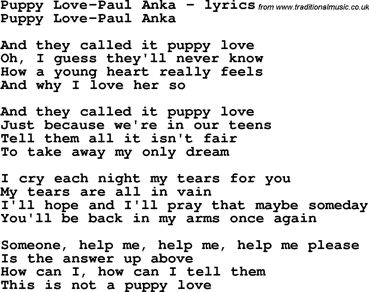 Love Song Lyrics for: Puppy Love-Paul Anka