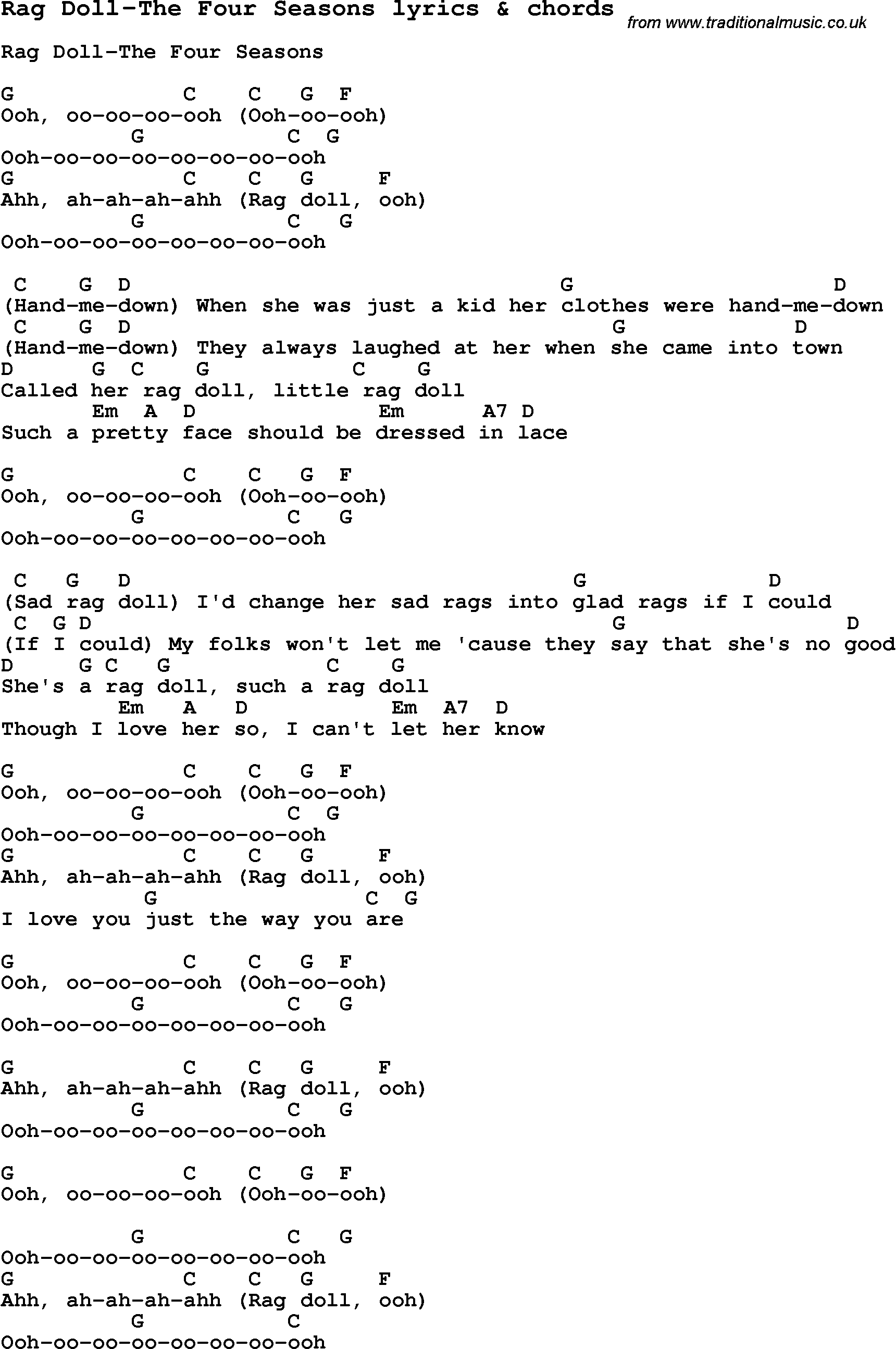 Love Song Lyrics For Rag Doll The Four Seasons With Chords