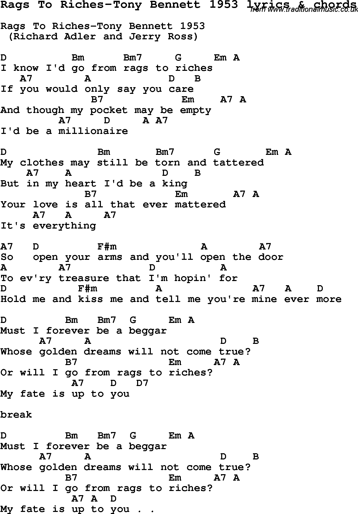 Love Song Lyrics for: Rags To Riches-Tony Bennett 1953 with chords for Ukulele, Guitar Banjo etc.