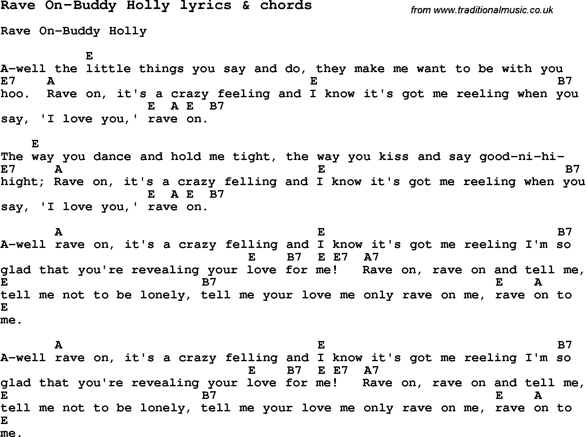 Love Song Lyrics for: Rave On-Buddy Holly with chords for Ukulele, Guitar Banjo etc.