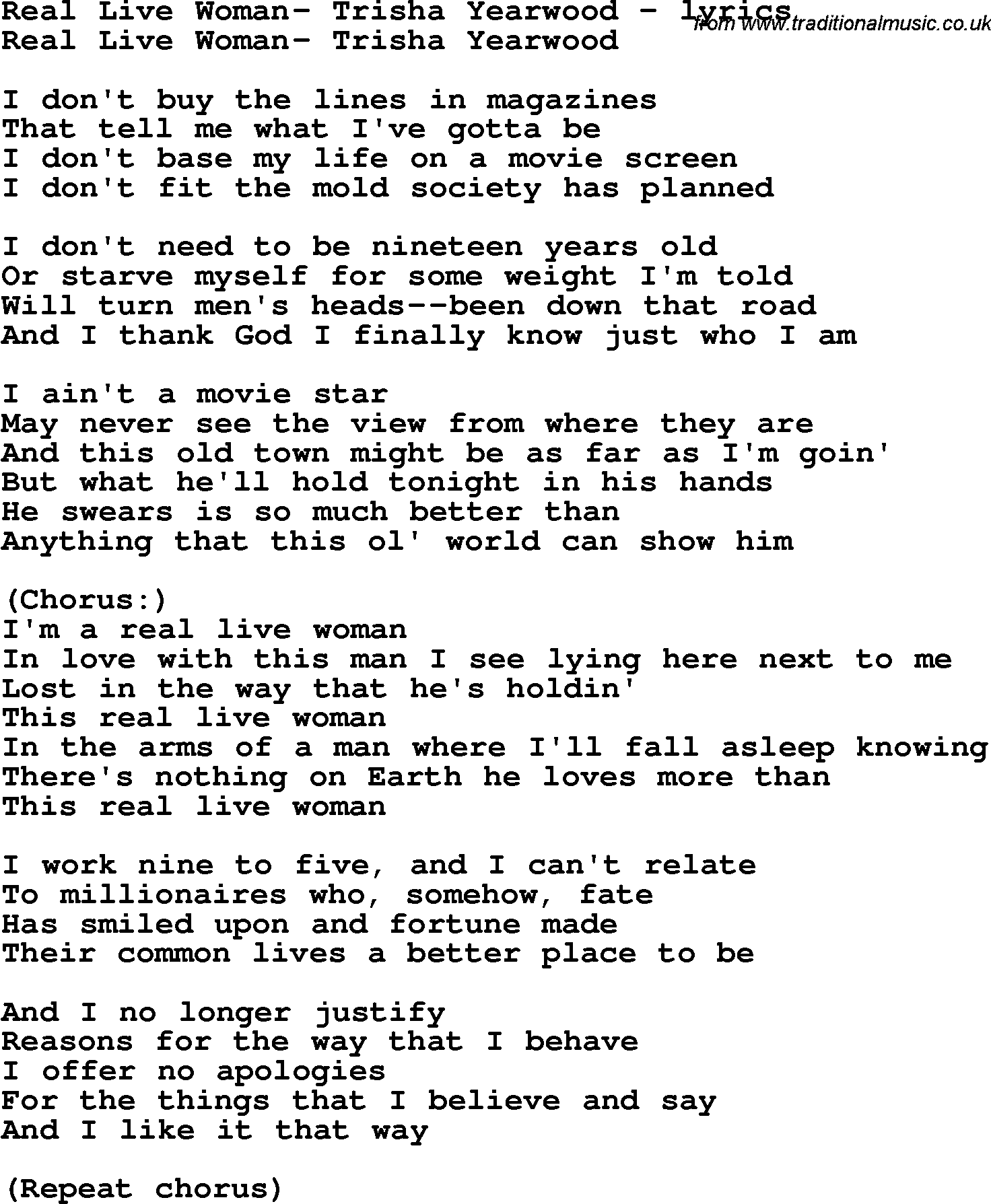 Love Song Lyrics for: Real Live Woman- Trisha Yearwood