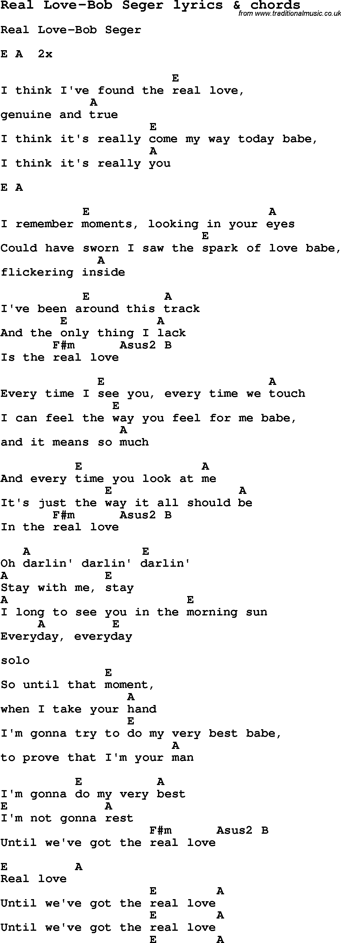 Love Song Lyrics for: Real Love-Bob Seger with chords for Ukulele, Guitar Banjo etc.
