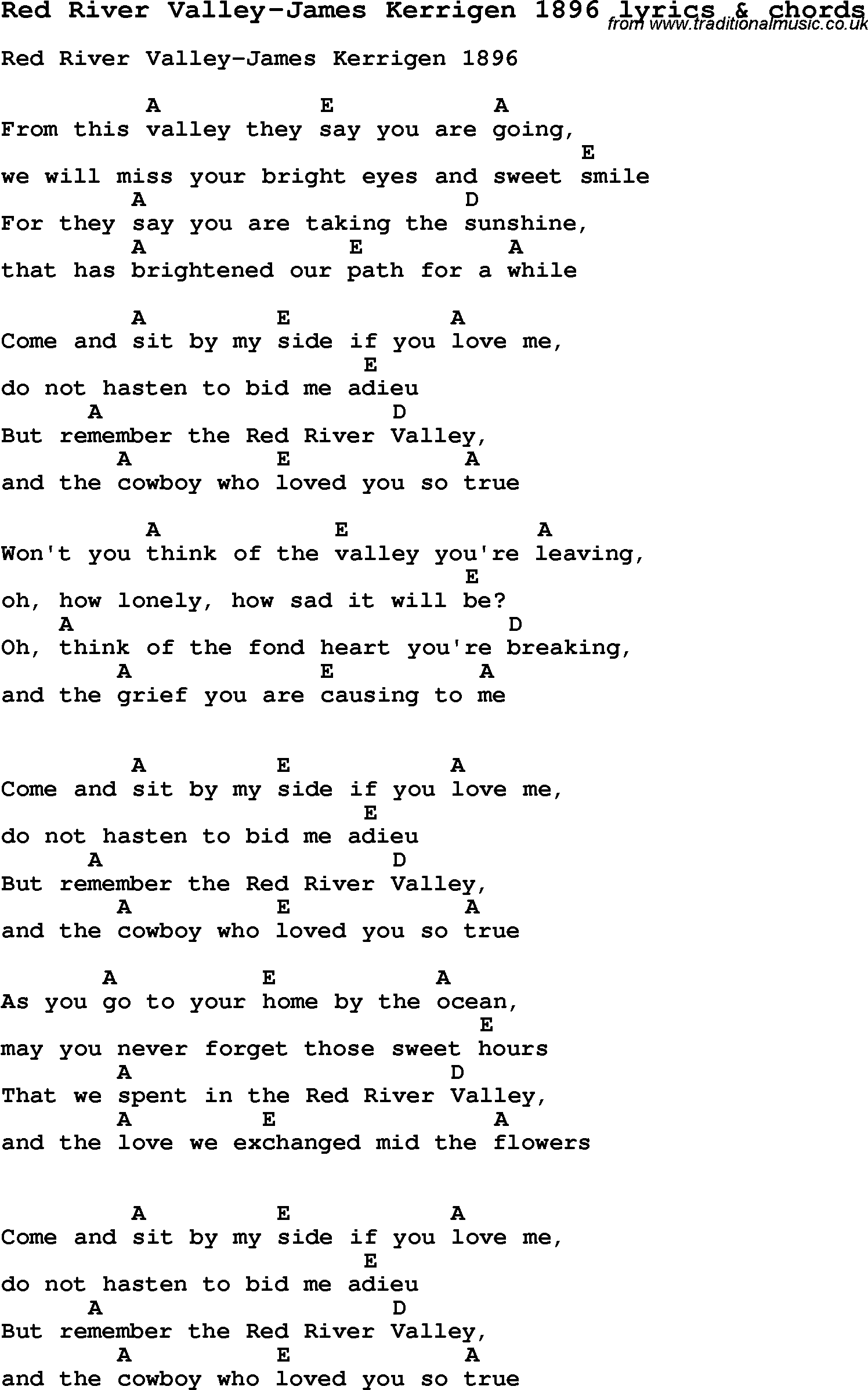 Love Song Lyrics for: Red River Valley-James Kerrigen 1896 with chords for Ukulele, Guitar Banjo etc.