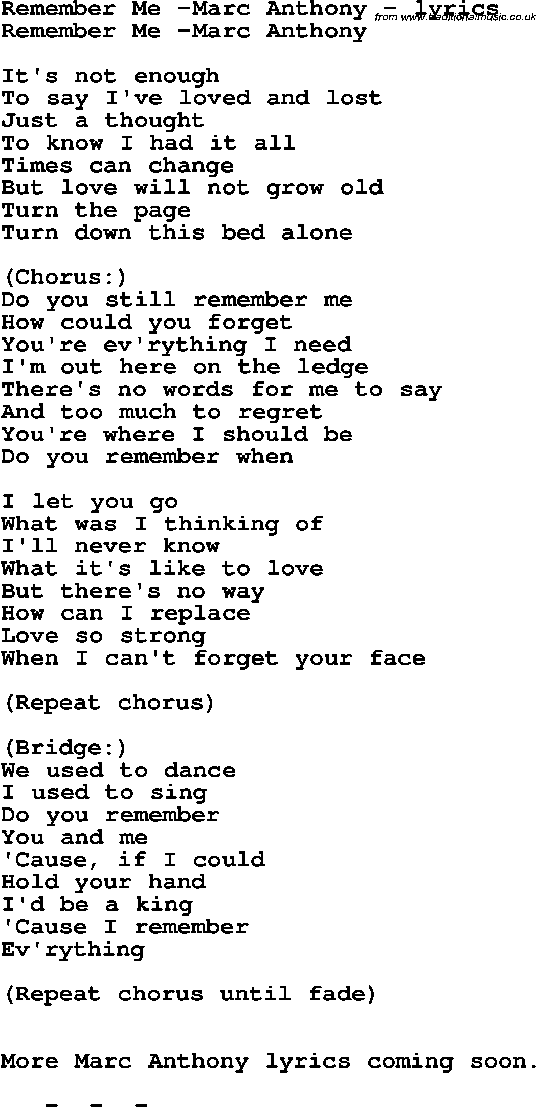 Love Song Lyrics for: Remember Me -Marc Anthony