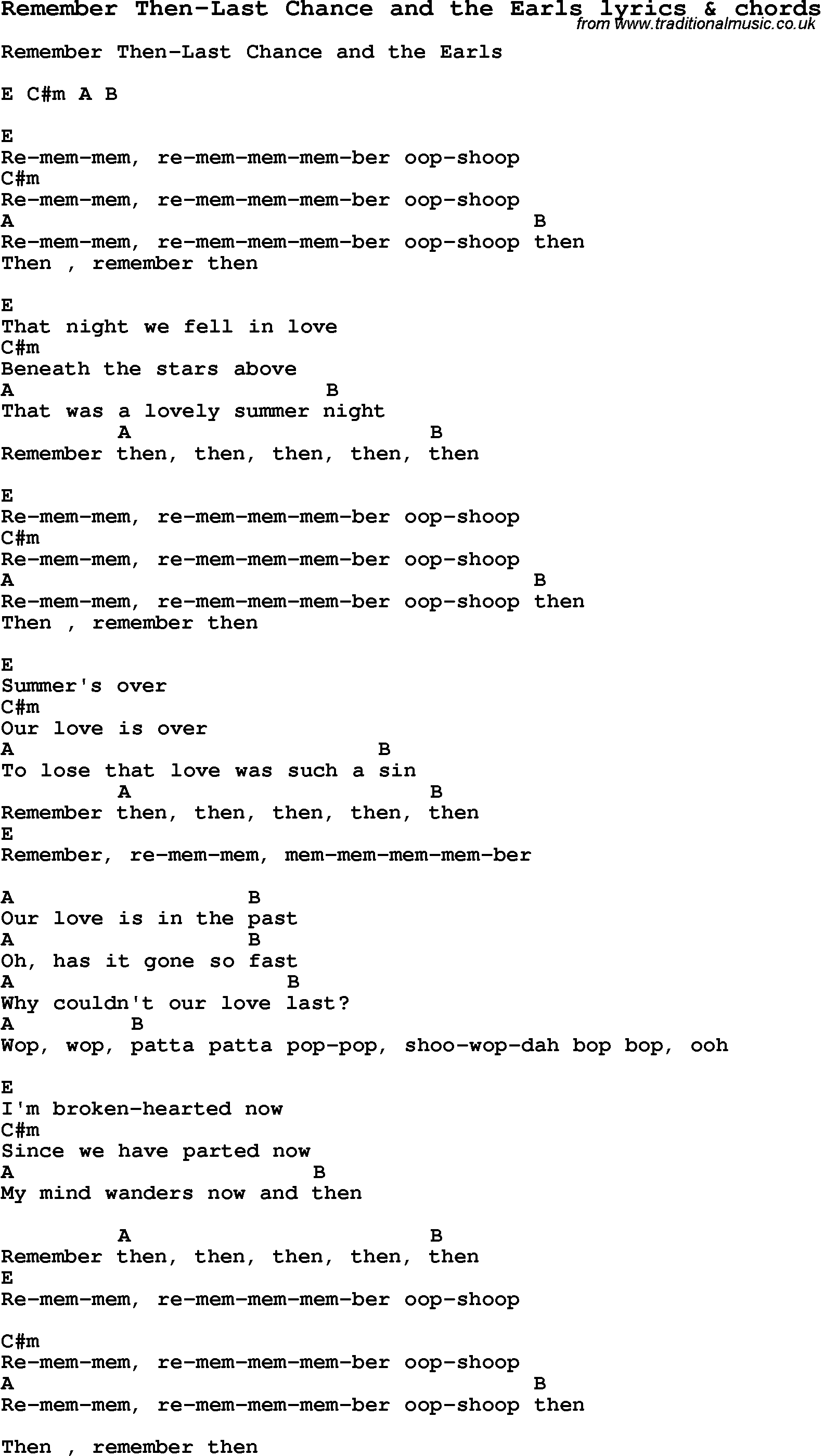 Love Song Lyrics for: Remember Then-Last Chance and the Earls with chords for Ukulele, Guitar Banjo etc.