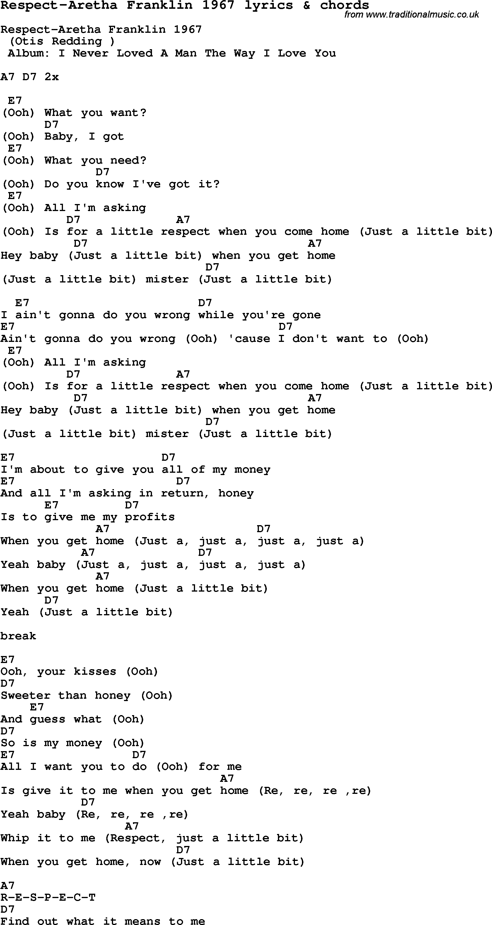 Love Song Lyrics for: Respect-Aretha Franklin 1967 with chords for Ukulele, Guitar Banjo etc.