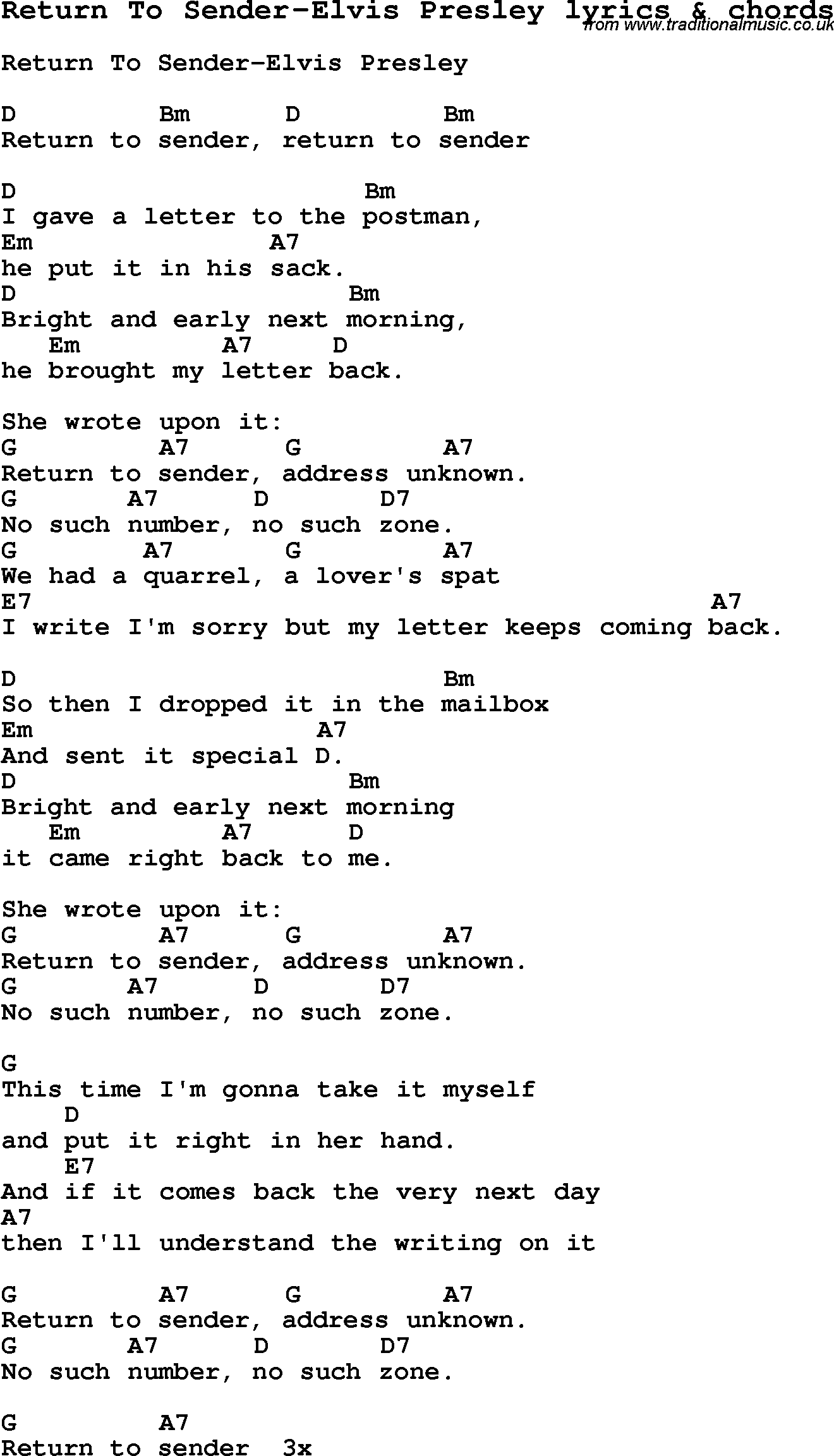 Love Song Lyrics for: Return To Sender-Elvis Presley with chords for Ukulele, Guitar Banjo etc.